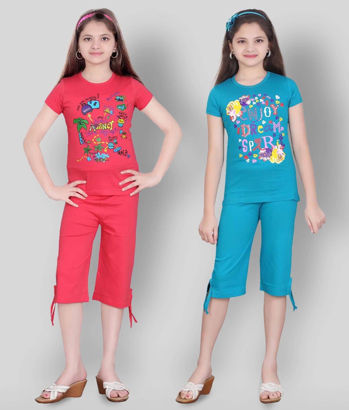 Sini Mini Pack of 2 Girls 100% Cotton Top With Capris ( Multi )