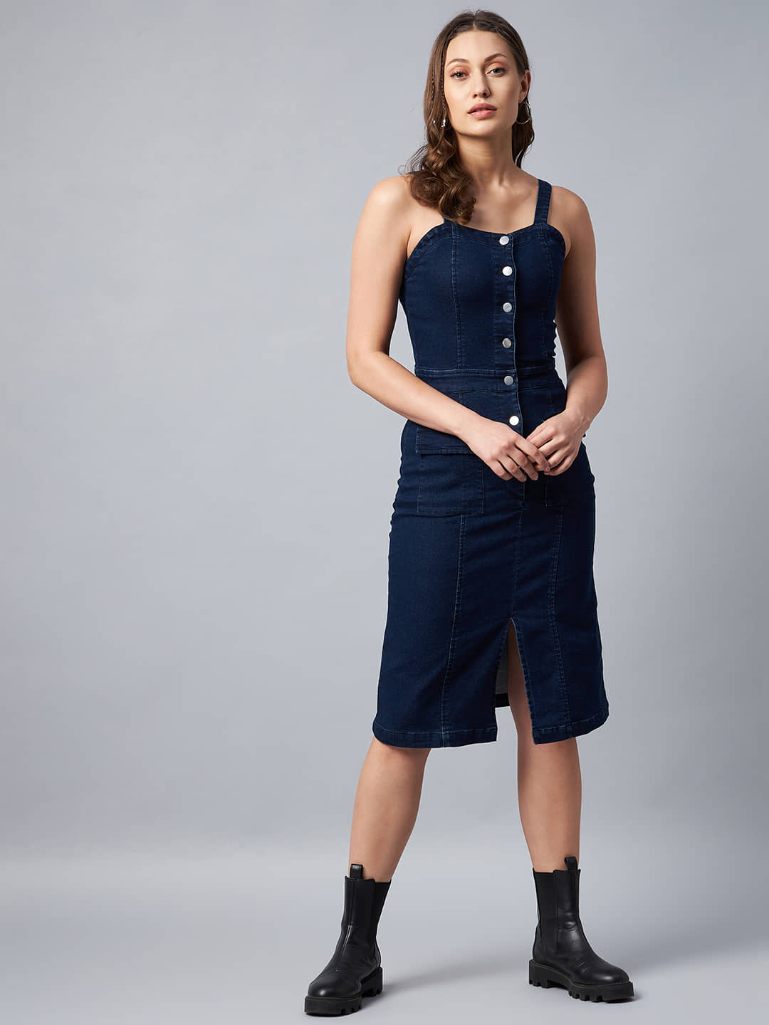 StyleStone Women Denim Solid Bodycon Dress ( Navy Blue )