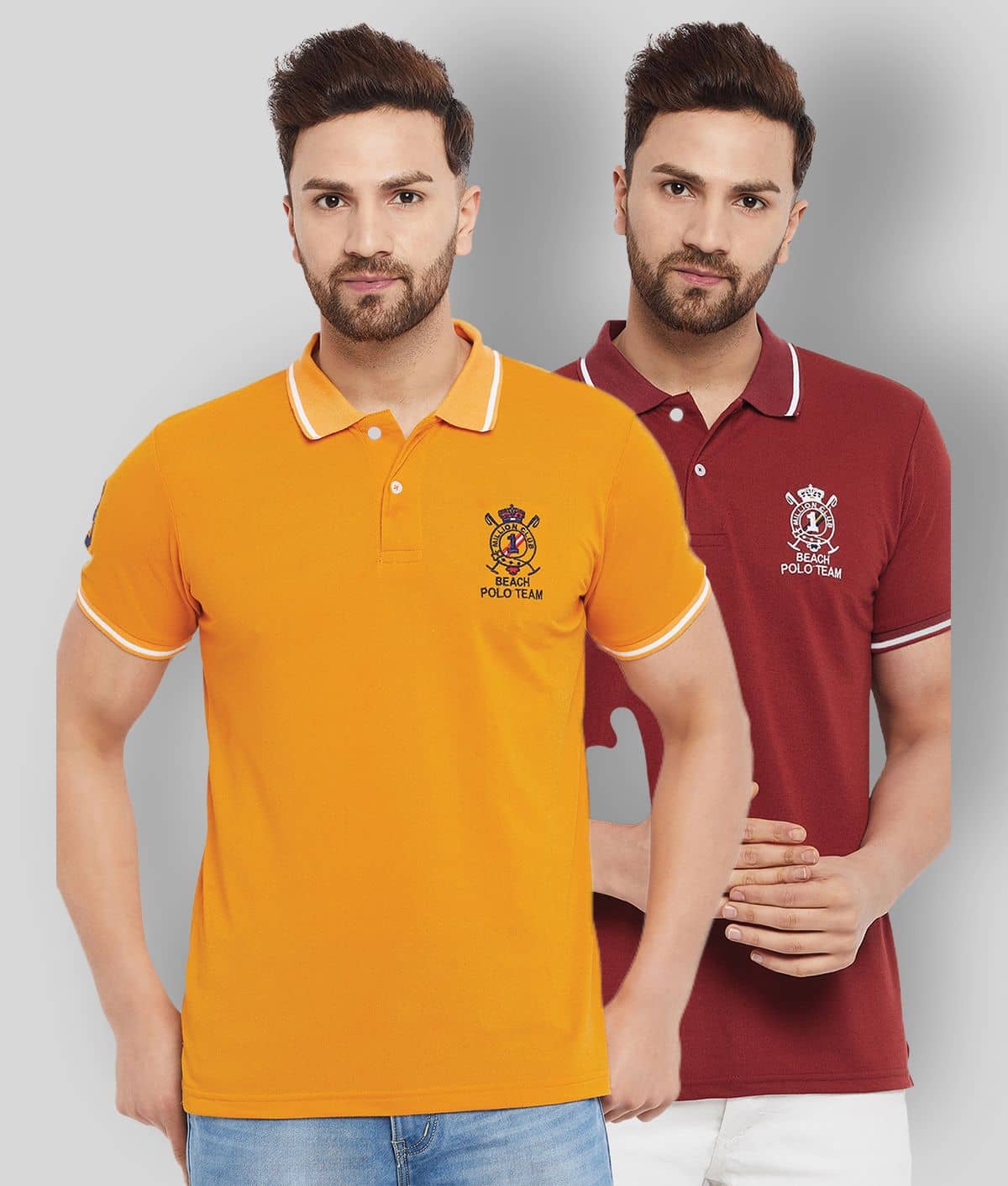 The Million Club Pack of 2 Cotton Blend Regular Fit Solid Half Sleeves Men's Polo T Shirt ( Yellow )