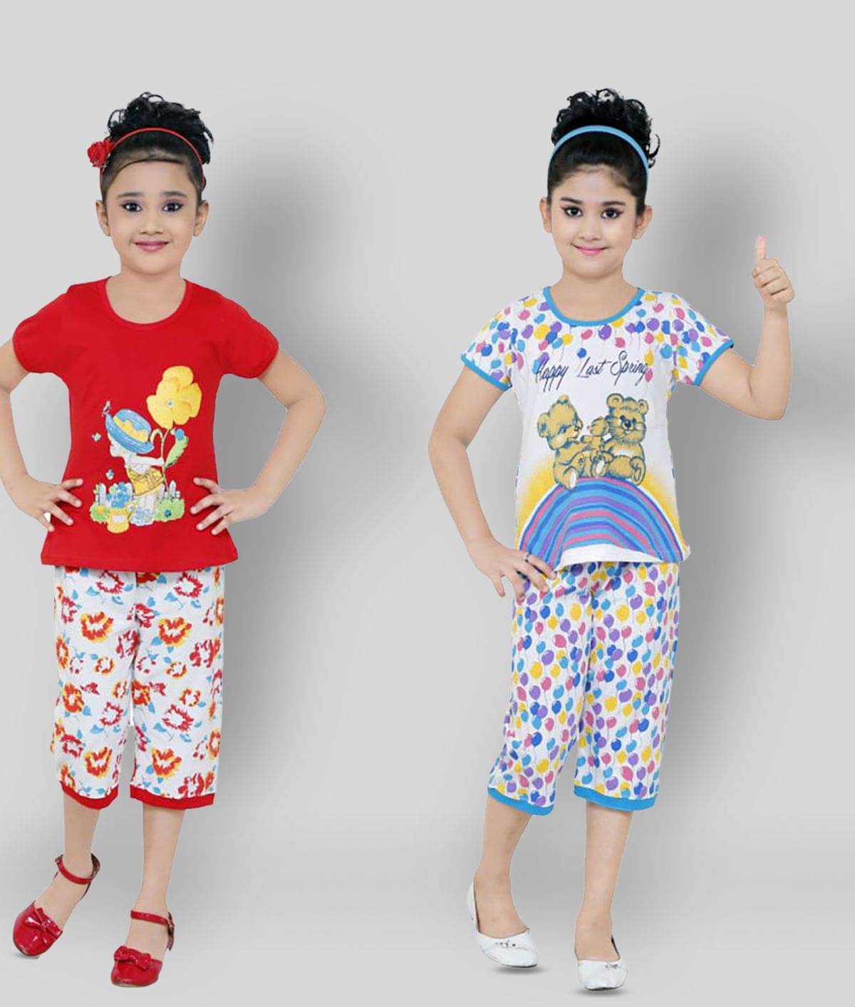 just trendy Pack of 2 Girls 100% Cotton Top With Capris ( Red & White ) just trendy Pack of 2 Girls 100% Cotton Top With Capris ( Red & White )