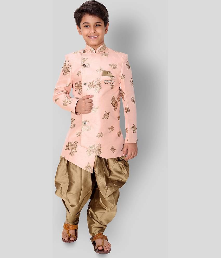 Fourfolds Boys Cotton Blend Peach Dhoti Kurta Set ( Pack of 1 )
