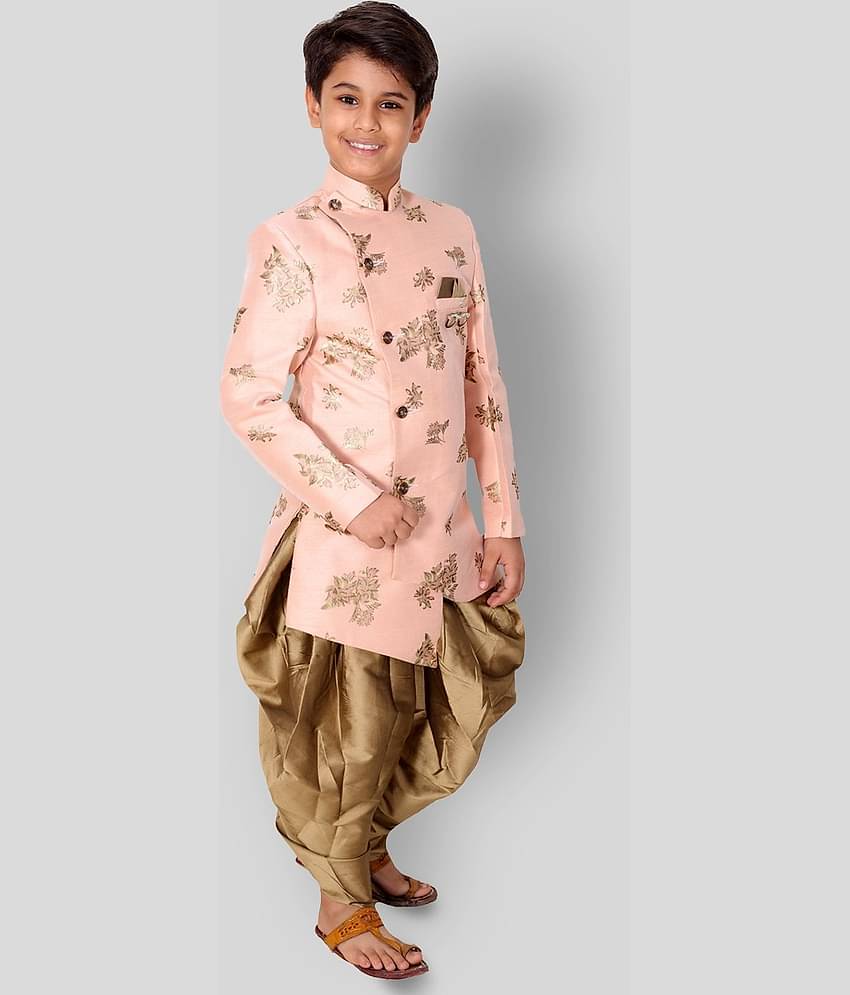 Fourfolds Boys Cotton Blend Peach Dhoti Kurta Set ( Pack of 1 )
