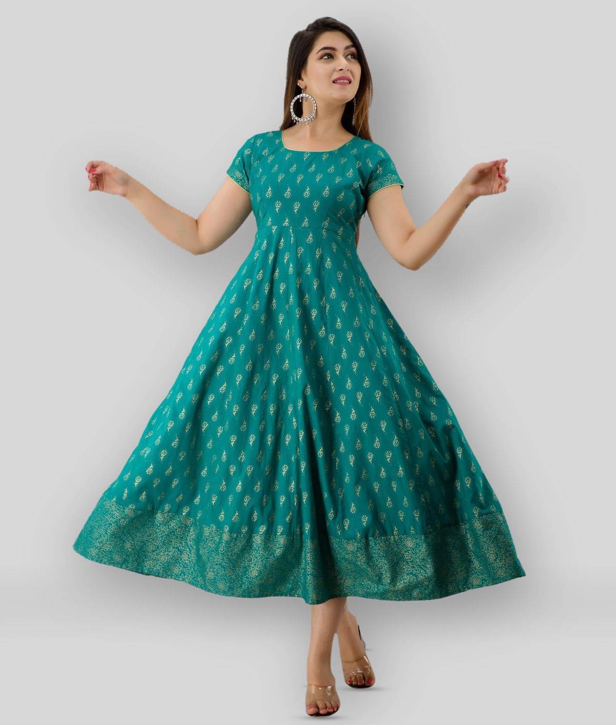 SVARCHI Women Cotton Blend Printed Ethnic Dress ( Green )     			SVARCHI Women Cotton Blend Printed Ethnic Dress ( Green )