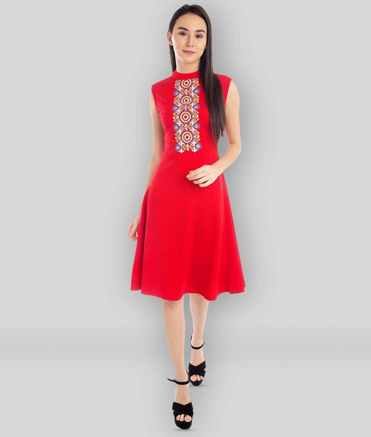 Addyvero Women Cotton Blend Embroidered A-line Dress ( Red )