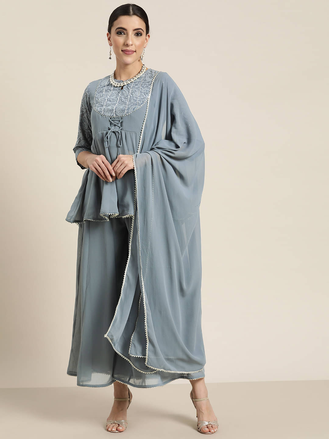     			Juniper Women Georgette Embroidered A-line Kurti With Palazzo ( Grey )