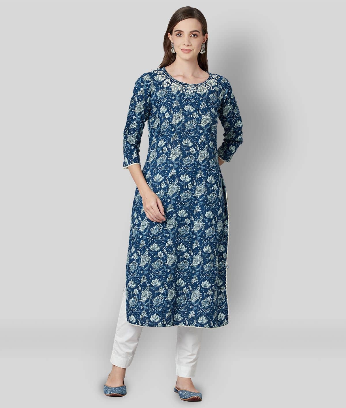 Divena - Blue Cotton Women's Straight Kurti - Kurtis, Tunics | Buy online on ZillyBuy