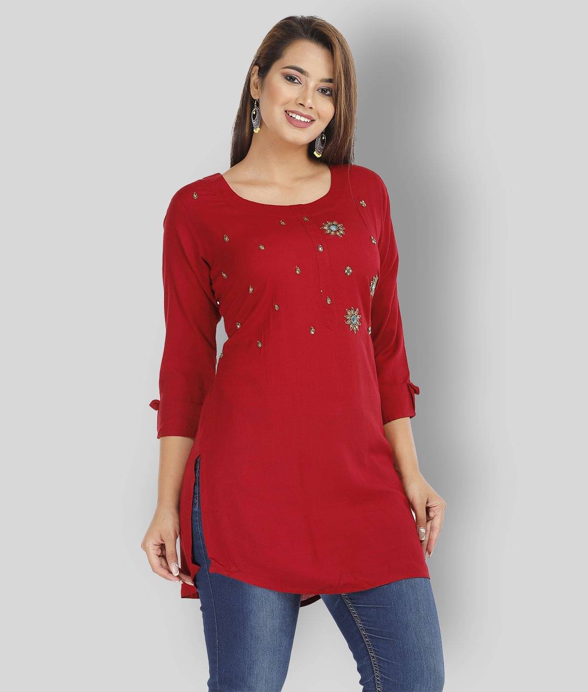 JC4U - Maroon Rayon Women's Straight Kurti ( Pack of 1 ) JC4U - Maroon Rayon Women's Straight Kurti ( Pack of 1 )