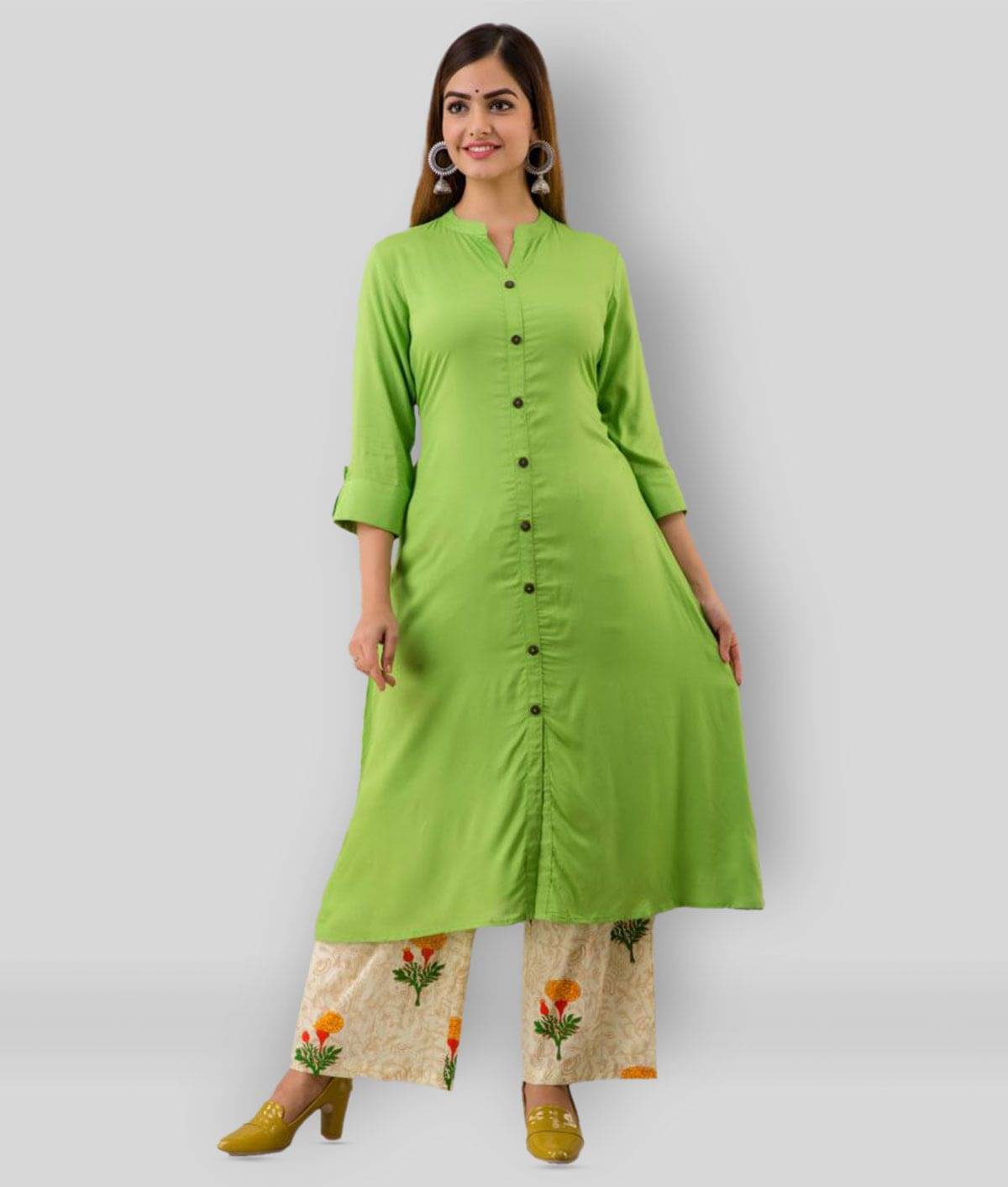 MAUKA - Green Rayon Women's Front Slit Kurti ( Pack of 1 )     			MAUKA - Green Rayon Women's Front Slit Kurti ( Pack of 1 )