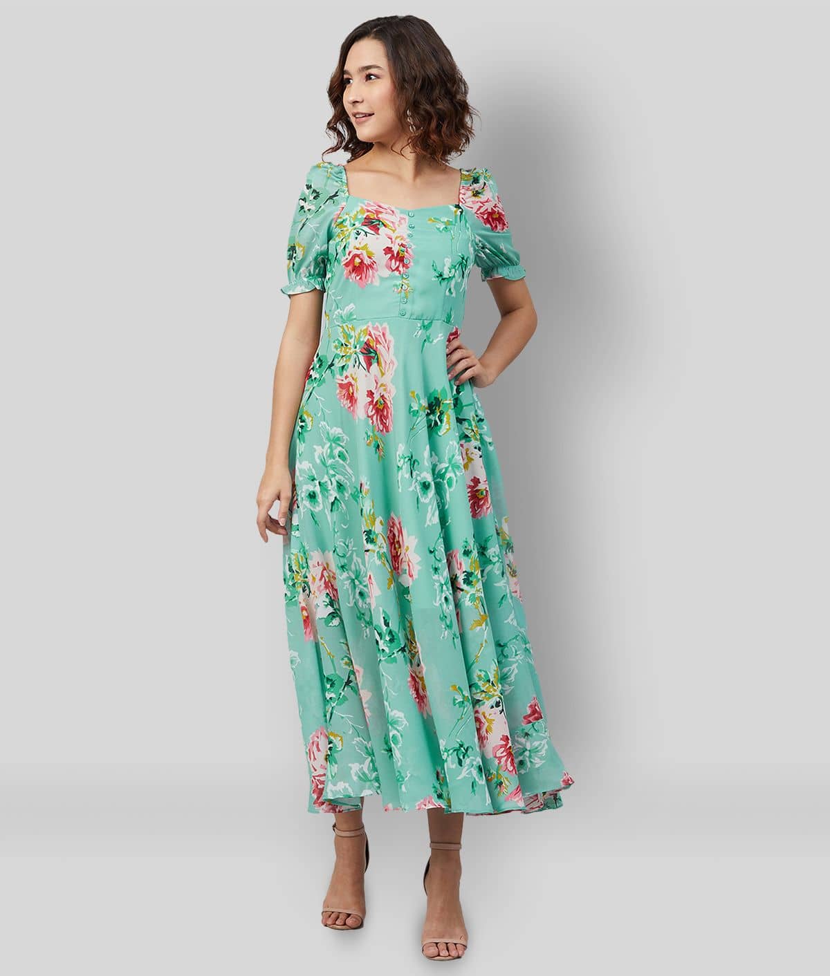 Rare Women Georgette Printed Fit & Flare Dress ( Green )