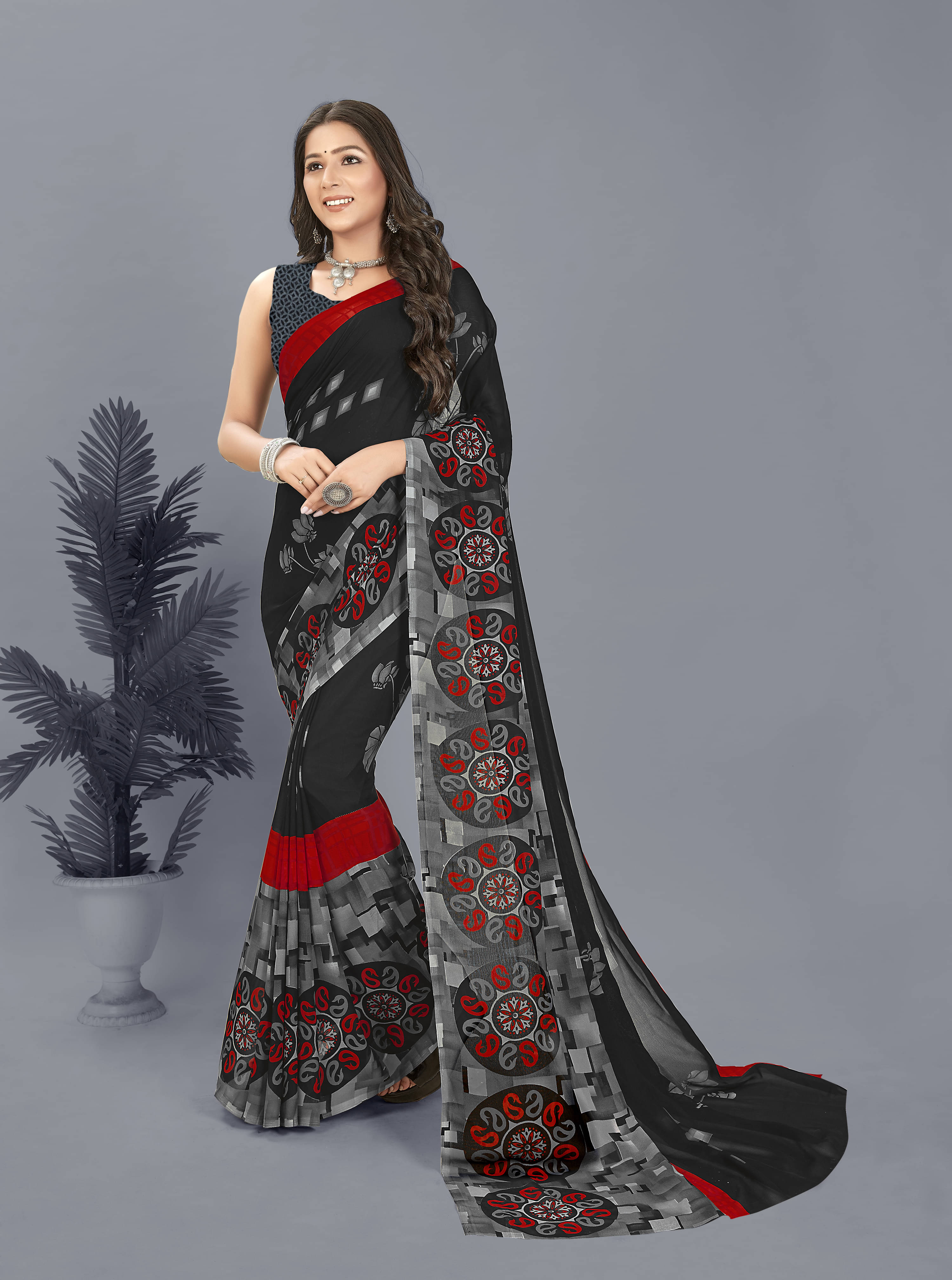 ANAND SAREES Georgette Printed Saree With Unstitched Blouse Piece ( Black ) ANAND SAREES Georgette Printed Saree With Unstitched Blouse Piece ( Black )