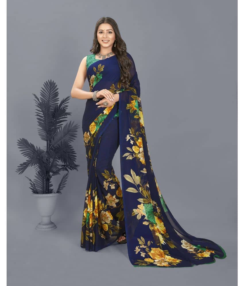 ANAND SAREES Georgette Printed Saree With Unstitched Blouse Piece ( Blue ) - Sarees | Buy online on ZillyBuy