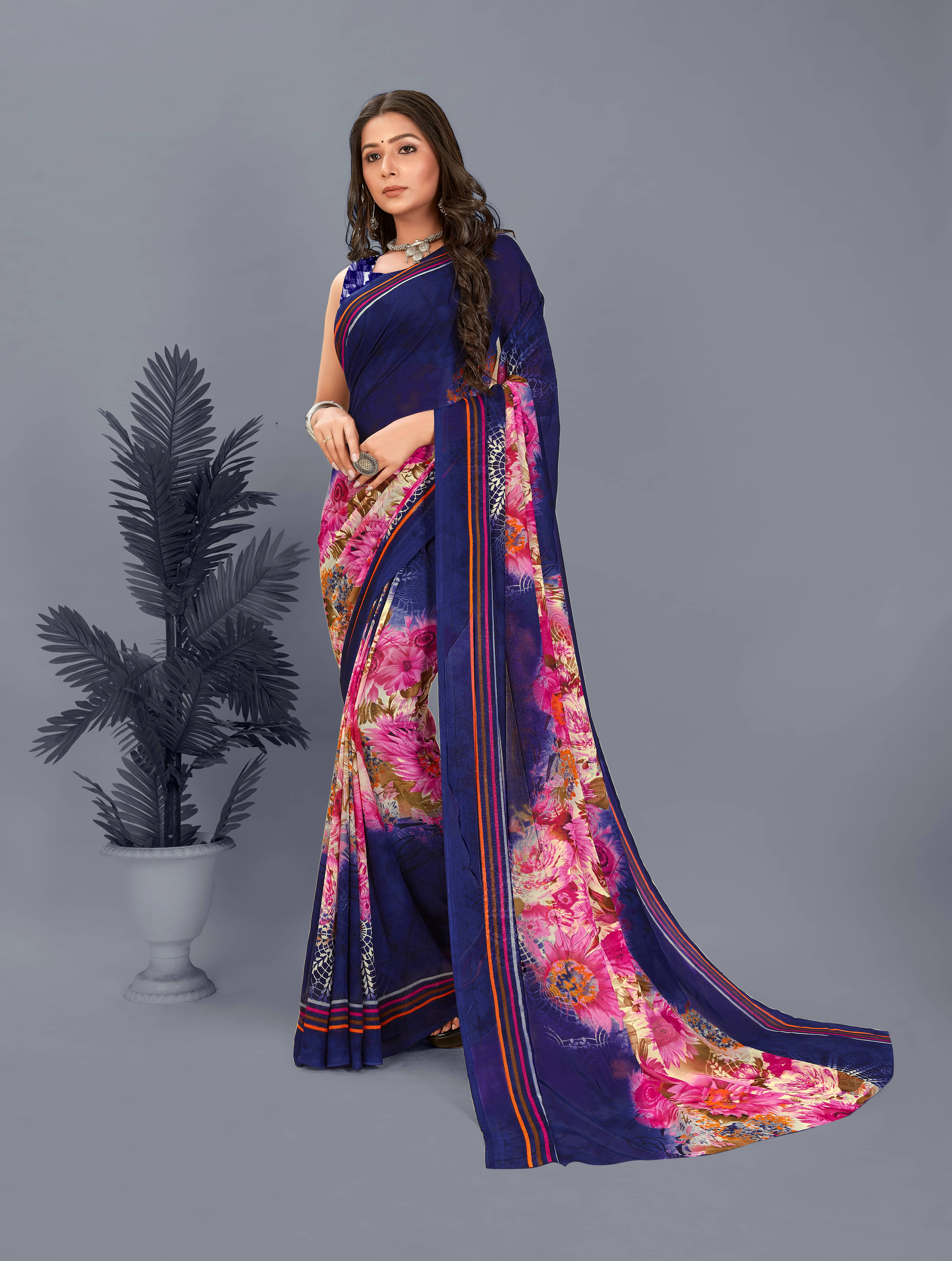     			ANAND SAREES Georgette Printed Saree With Unstitched Blouse Piece ( Blue )