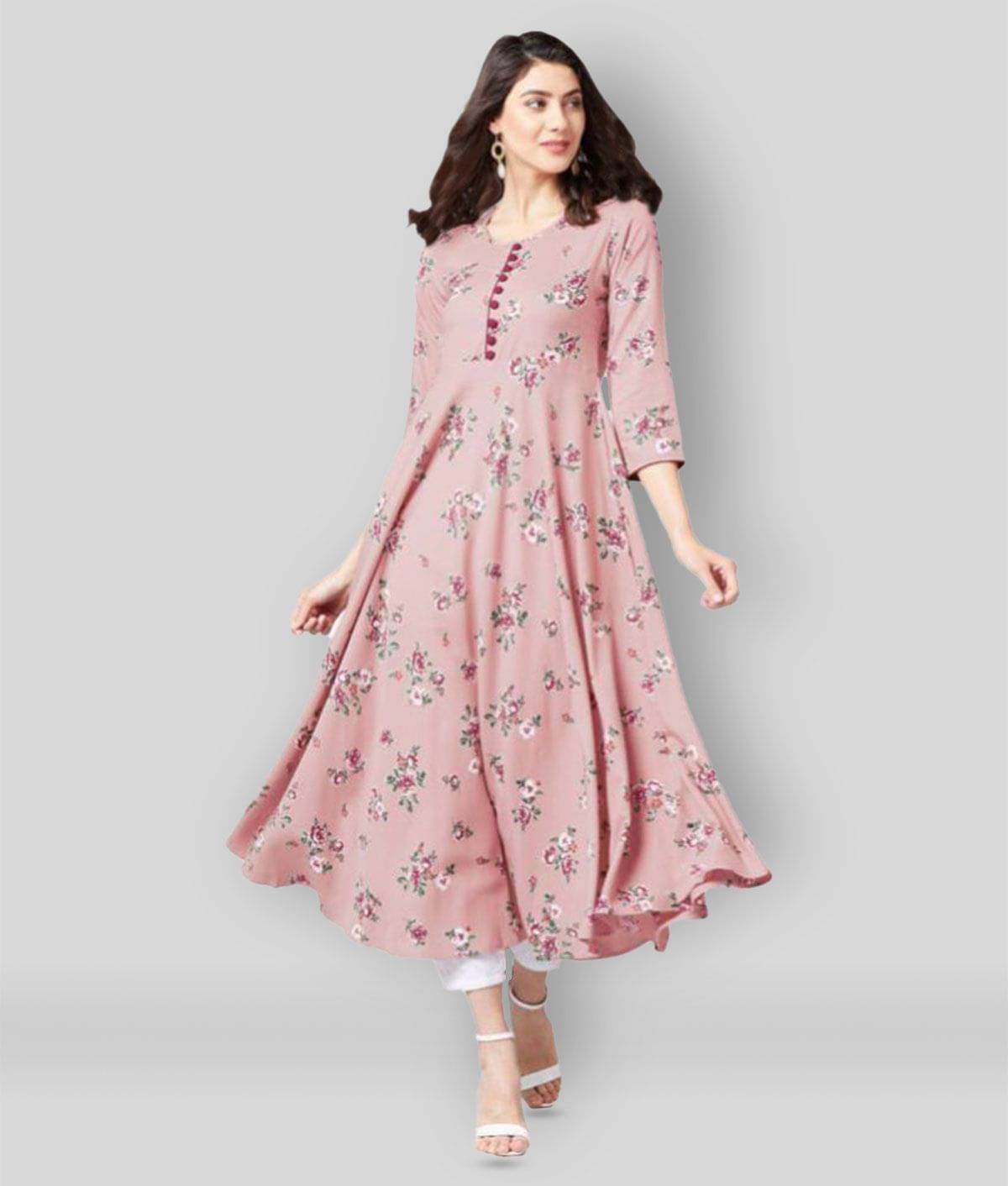 Tissu - Pink Rayon Women's Flared Kurti ( Pack of 1 ) Tissu - Pink Rayon Women's Flared Kurti ( Pack of 1 )