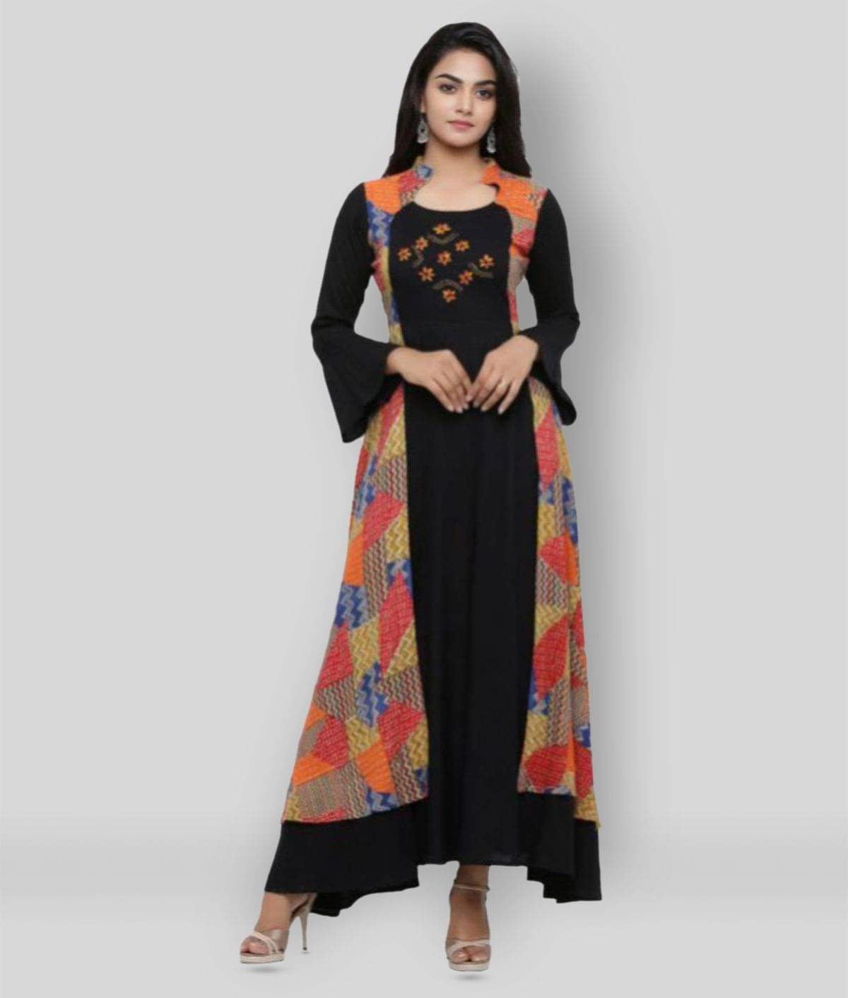 Yash Gallery Pack of 1 Rayon Printed Jacket Style Women's Kurti - ( Black ) Yash Gallery Pack of 1 Rayon Printed Jacket Style Women's Kurti - ( Black )