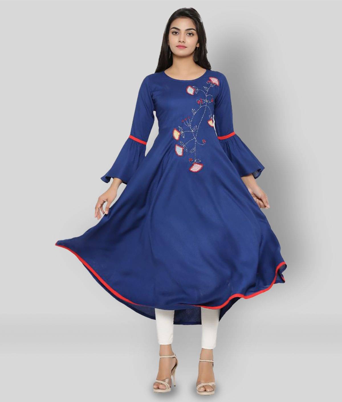    			Yash Gallery Pack of 1 Viscose Embroidered Flared Women's Kurti - ( Blue )