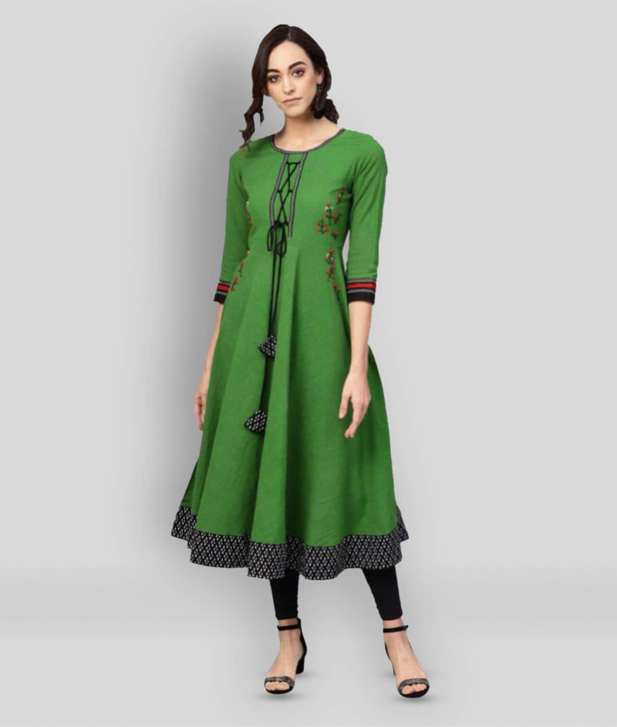Yash Gallery Pack of 1 Cotton Embroidered Flared Women's Kurti - ( Green ) - Kurtis, Tunics | Buy online on ZillyBuy