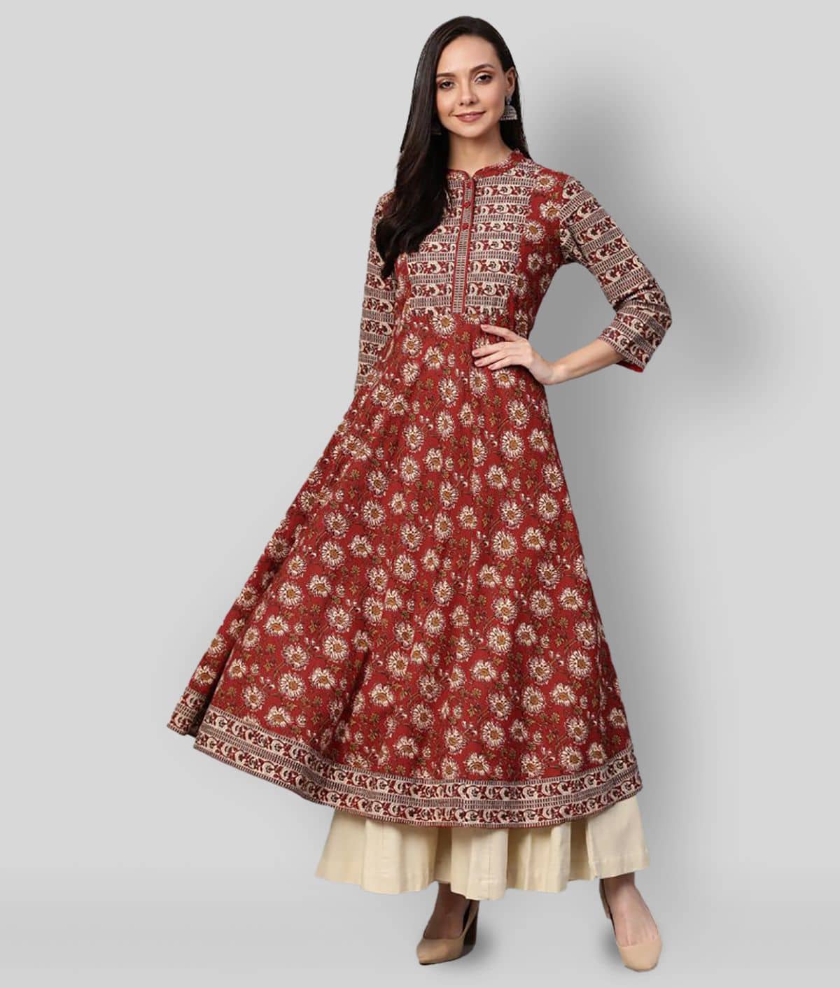 Yash Gallery Pack of 1 Cotton Printed Anarkali Women's Kurti - ( Maroon ) - Kurtis, Tunics | Buy online on ZillyBuy