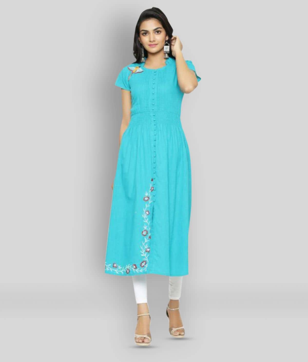 Yash Gallery Pack of 1 Cotton Blend Embroidered Flared Women's Kurti - ( Turquoise ) - Kurtis, Tunics | Buy online on ZillyBuy