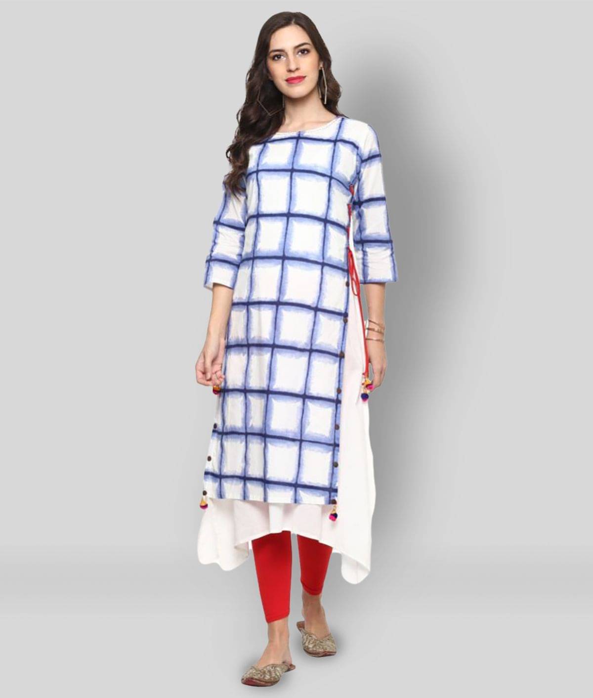     			Yash Gallery Pack of 1 Cotton Checks Asymmetrical Women's Kurti - ( White )