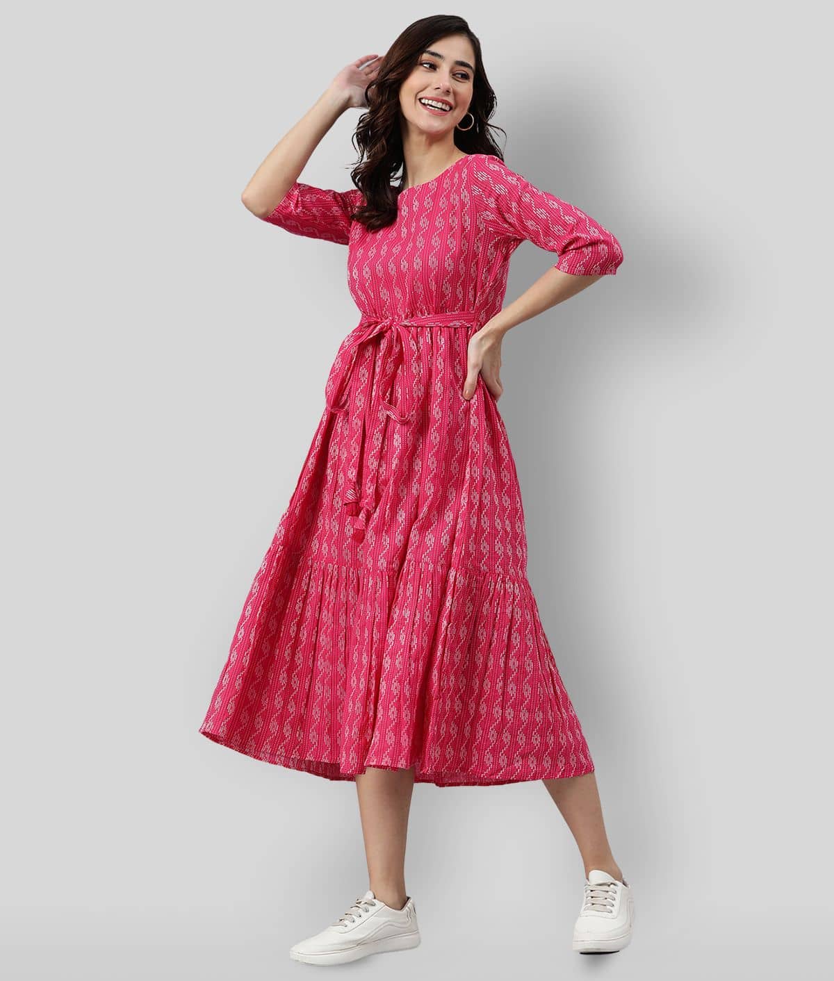 Janasya Women Cotton Printed Fit & Flare Dress ( Pink )
