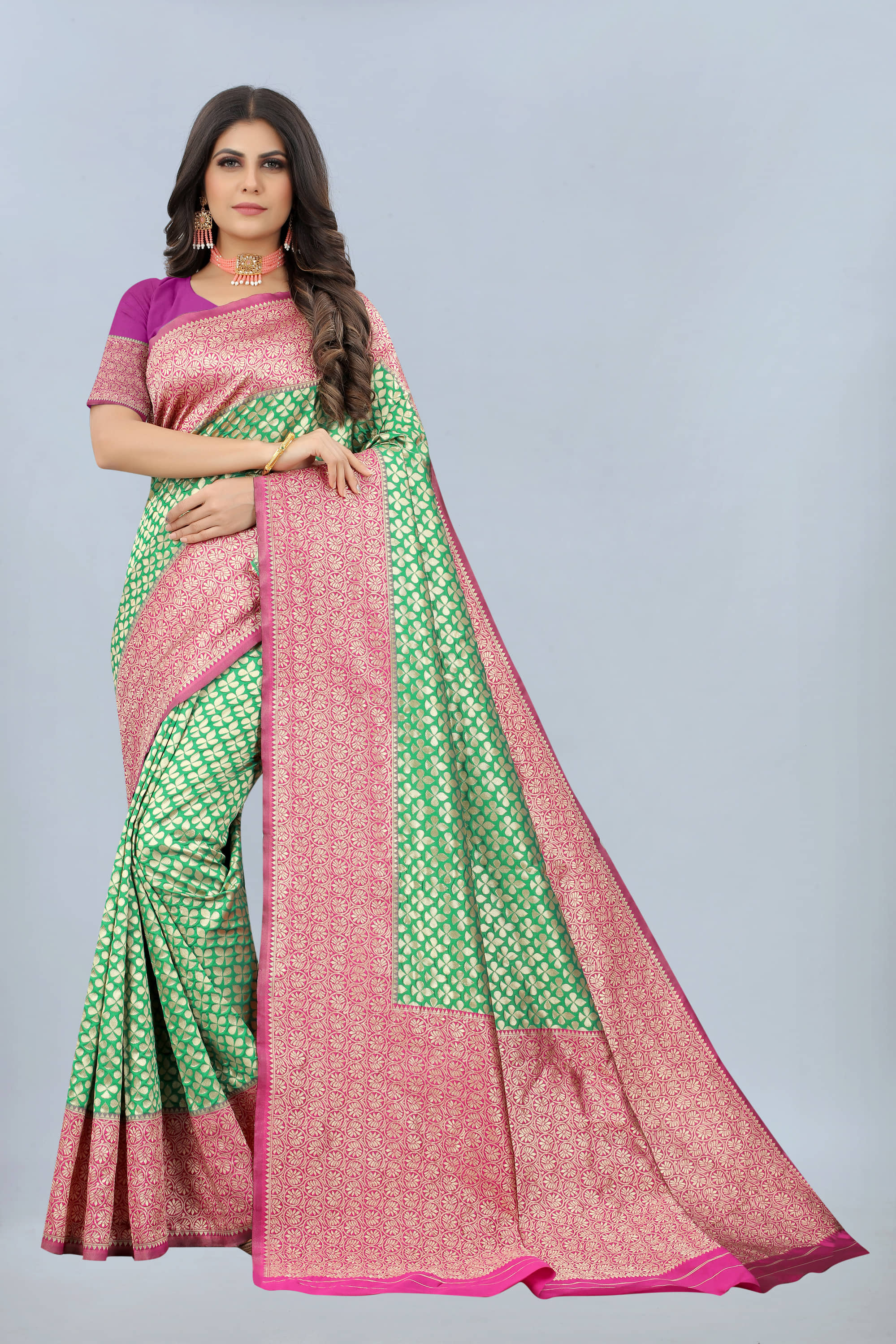 NENCY FASHION Banarasi Silk Embellished Saree With Unstitched Blouse Piece ( Green ) - Sarees | Buy online on ZillyBuy