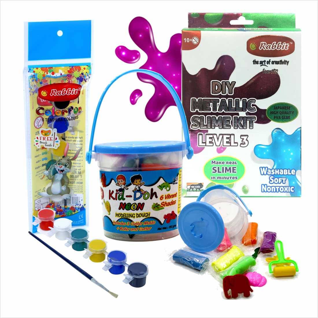 RABBIT'S DIY Metallic Slime Kit Level 3+Kid Doh Neon Bucket|+Tempera Colors|Slime Making Kit|Combo includes 1 DIY Set + 1 Roller + 1 Cutter|DIY Kits|Play Doh Slime|Child Safe|Play Doh Clay Set|Age 3+| RABBIT'S DIY Metallic Slime Kit Level 3+Kid Doh Neon Bucket|+Tempera Colors|Slime Making Kit|Combo includes 1 DIY Set + 1 Roller + 1 Cutter|DIY Kits|Play Doh Slime|Child Safe|Play Doh Clay Set|Age 3+|