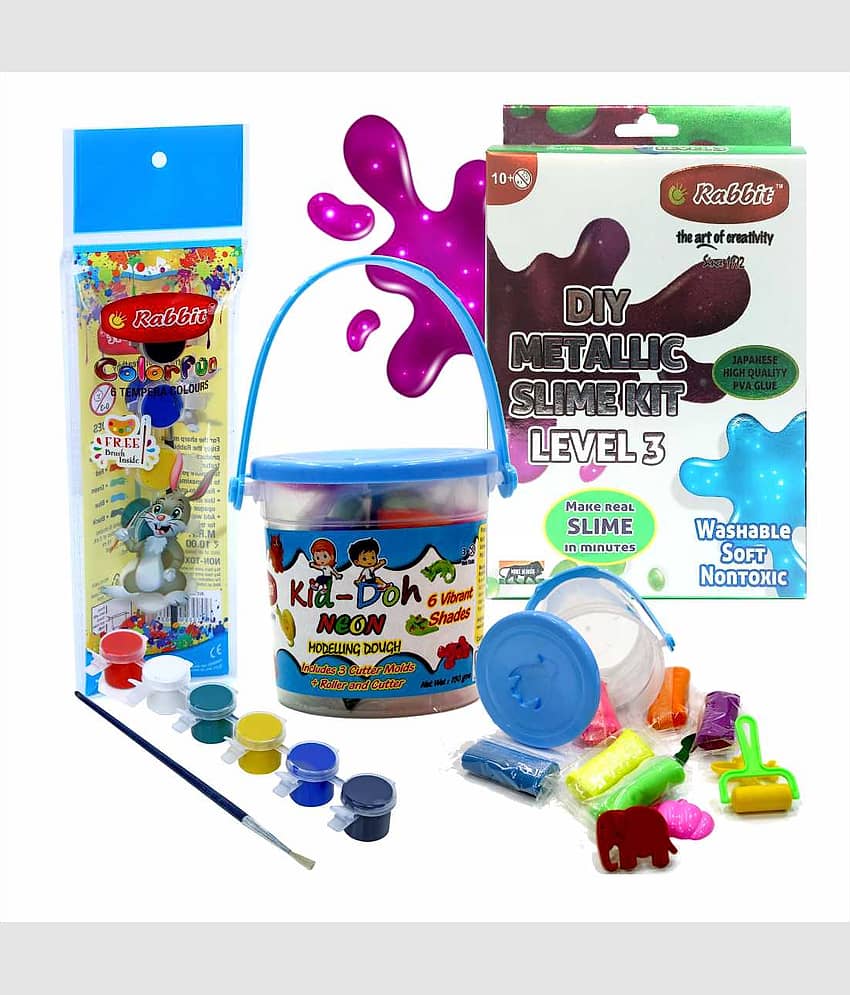 RABBIT'S DIY Metallic Slime Kit Level 3+Kid Doh Neon Bucket|+Tempera Colors|Slime Making Kit|Combo includes 1 DIY Set + 1 Roller + 1 Cutter|DIY Kits|Play Doh Slime|Child Safe|Play Doh Clay Set|Age 3+| - Stationery | Buy online on ZillyBuy