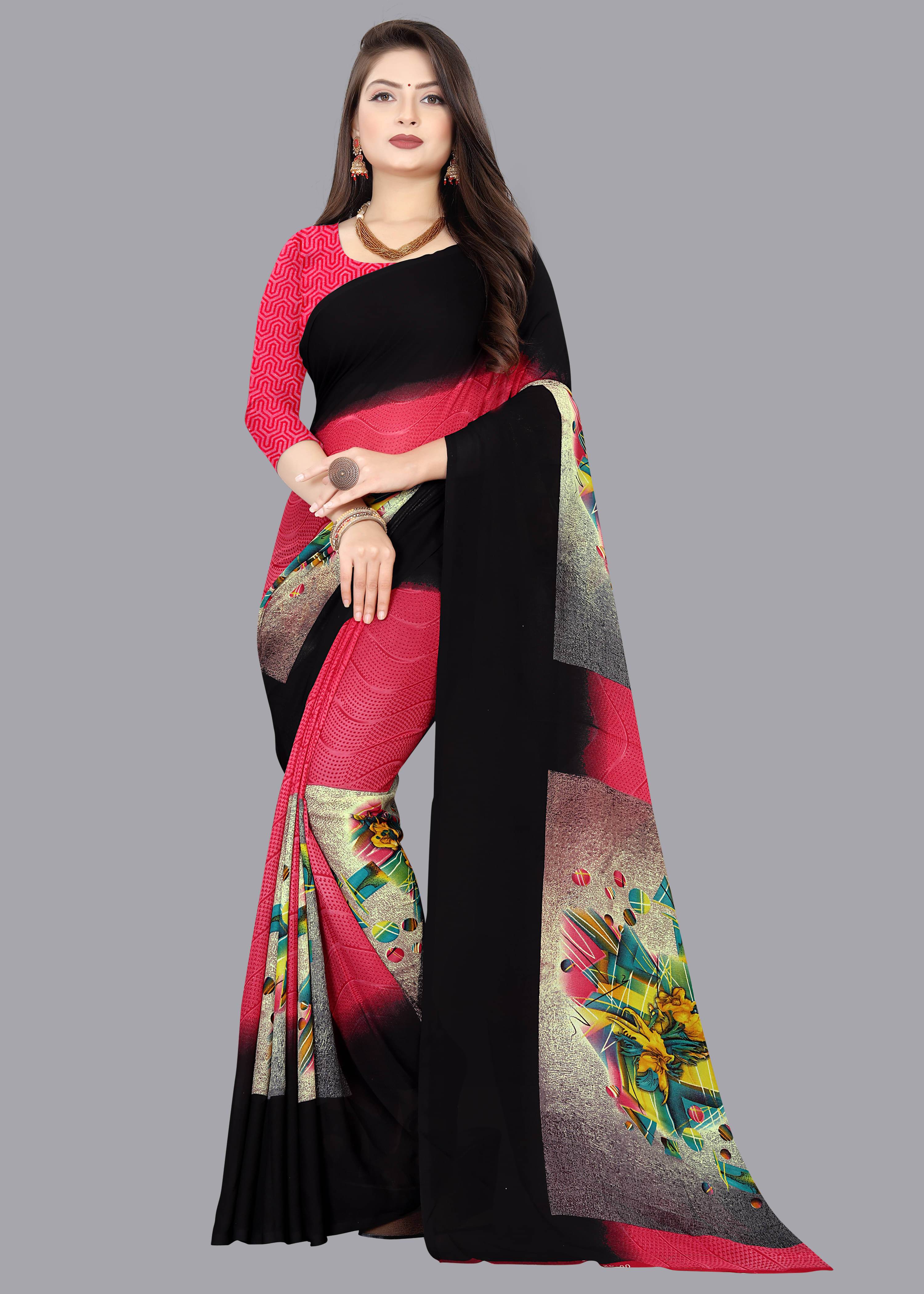     			ANAND SAREES Georgette Printed Saree With Unstitched Blouse Piece ( Black )