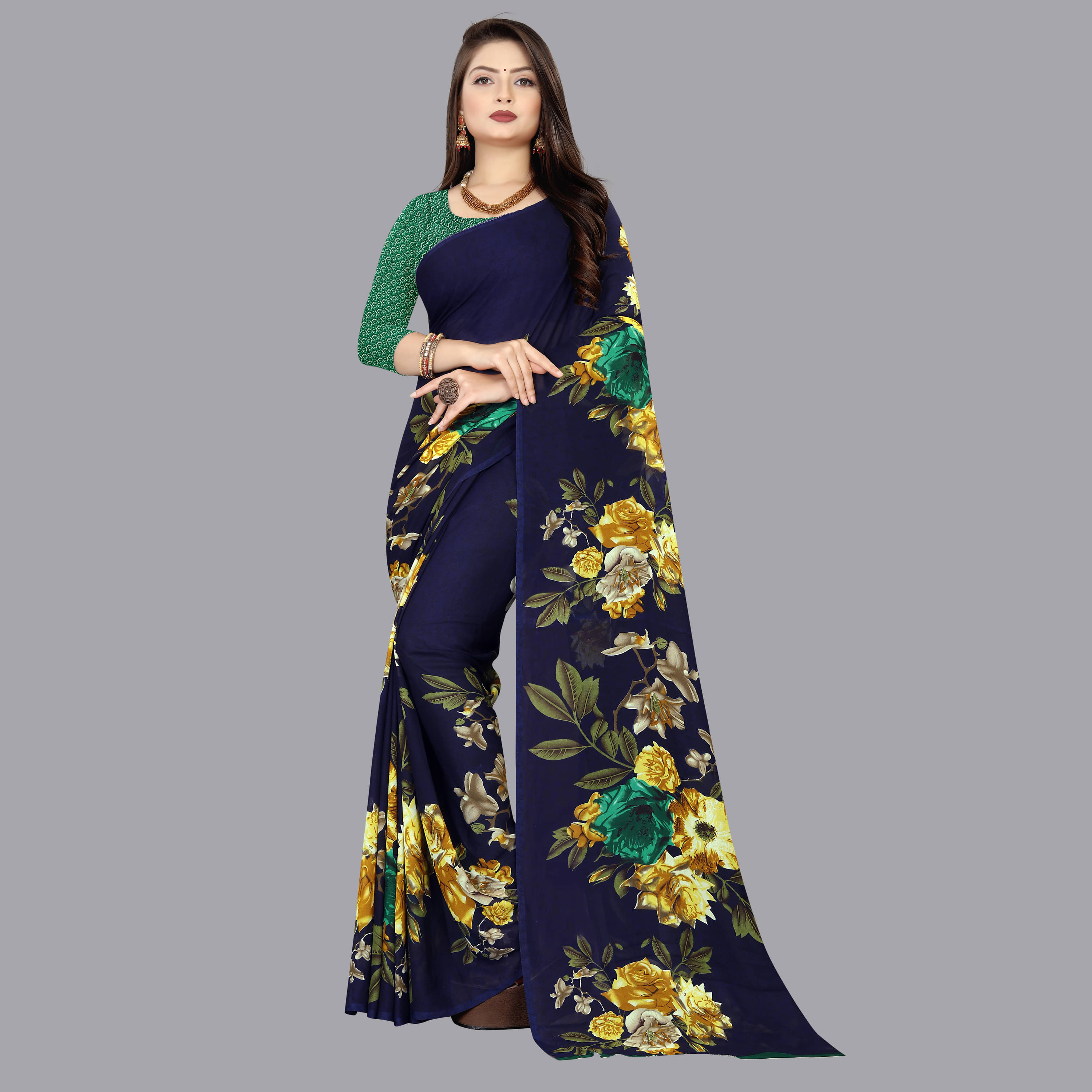 ANAND SAREES Georgette Printed Saree With Unstitched Blouse Piece ( Blue ) ANAND SAREES Georgette Printed Saree With Unstitched Blouse Piece ( Blue )