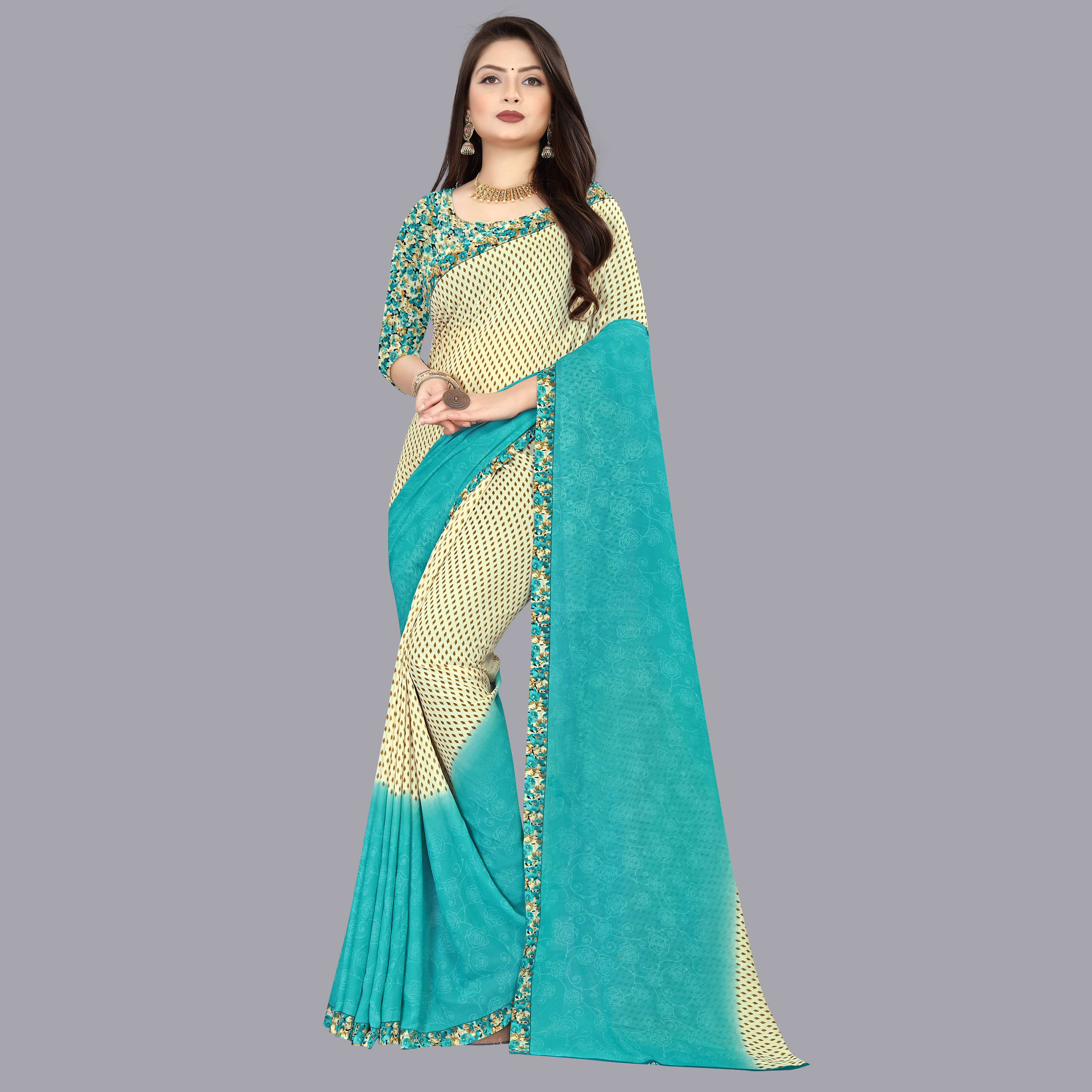 ANAND SAREES Georgette Printed Saree With Unstitched Blouse Piece ( Cream ) ANAND SAREES Georgette Printed Saree With Unstitched Blouse Piece ( Cream )