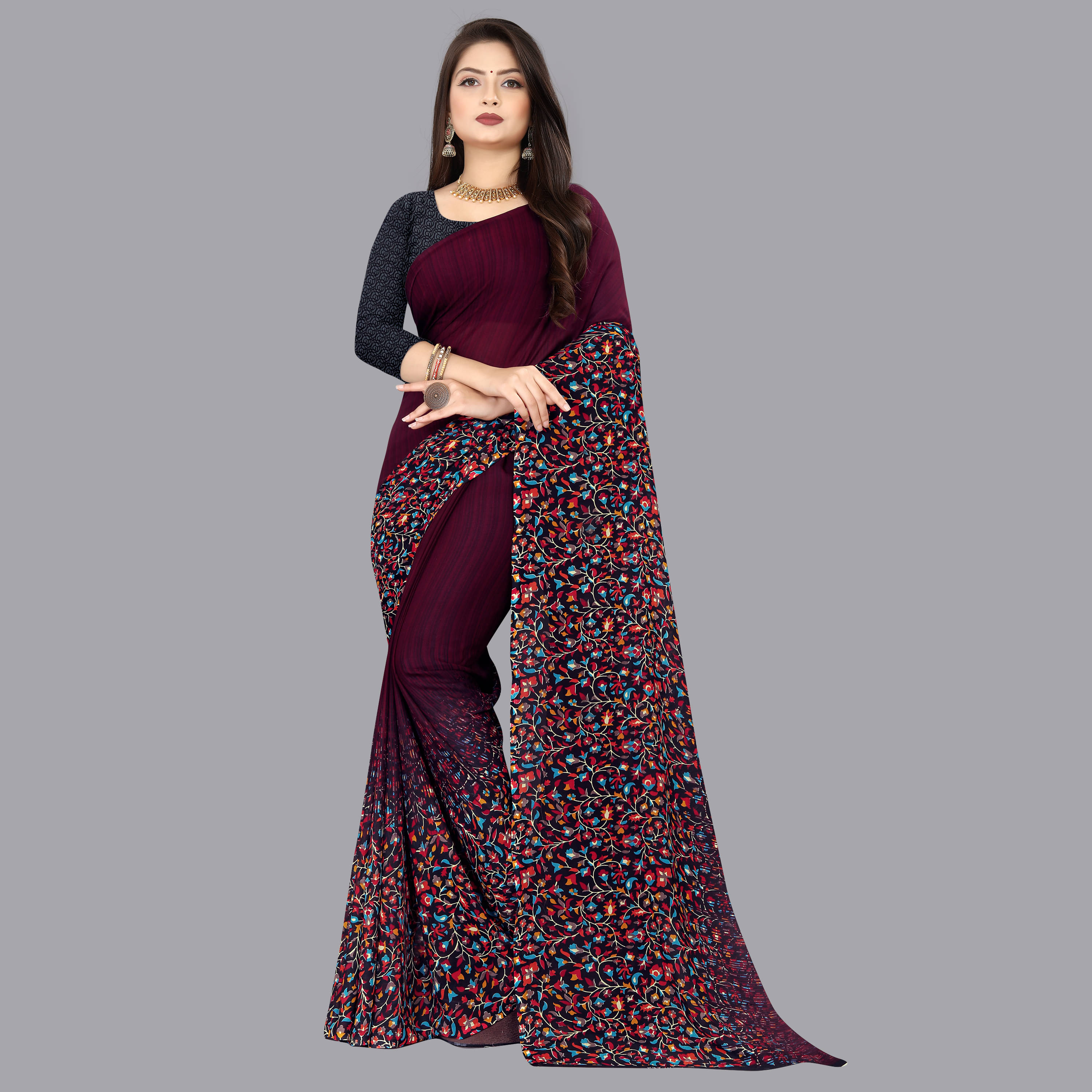     			ANAND SAREES Georgette Printed Saree With Unstitched Blouse Piece ( Maroon )