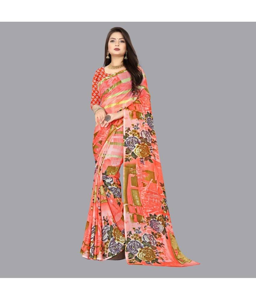 ANAND SAREES Georgette Printed Saree With Unstitched Blouse Piece ( Orange ) ANAND SAREES Georgette Printed Saree With Unstitched Blouse Piece ( Orange )