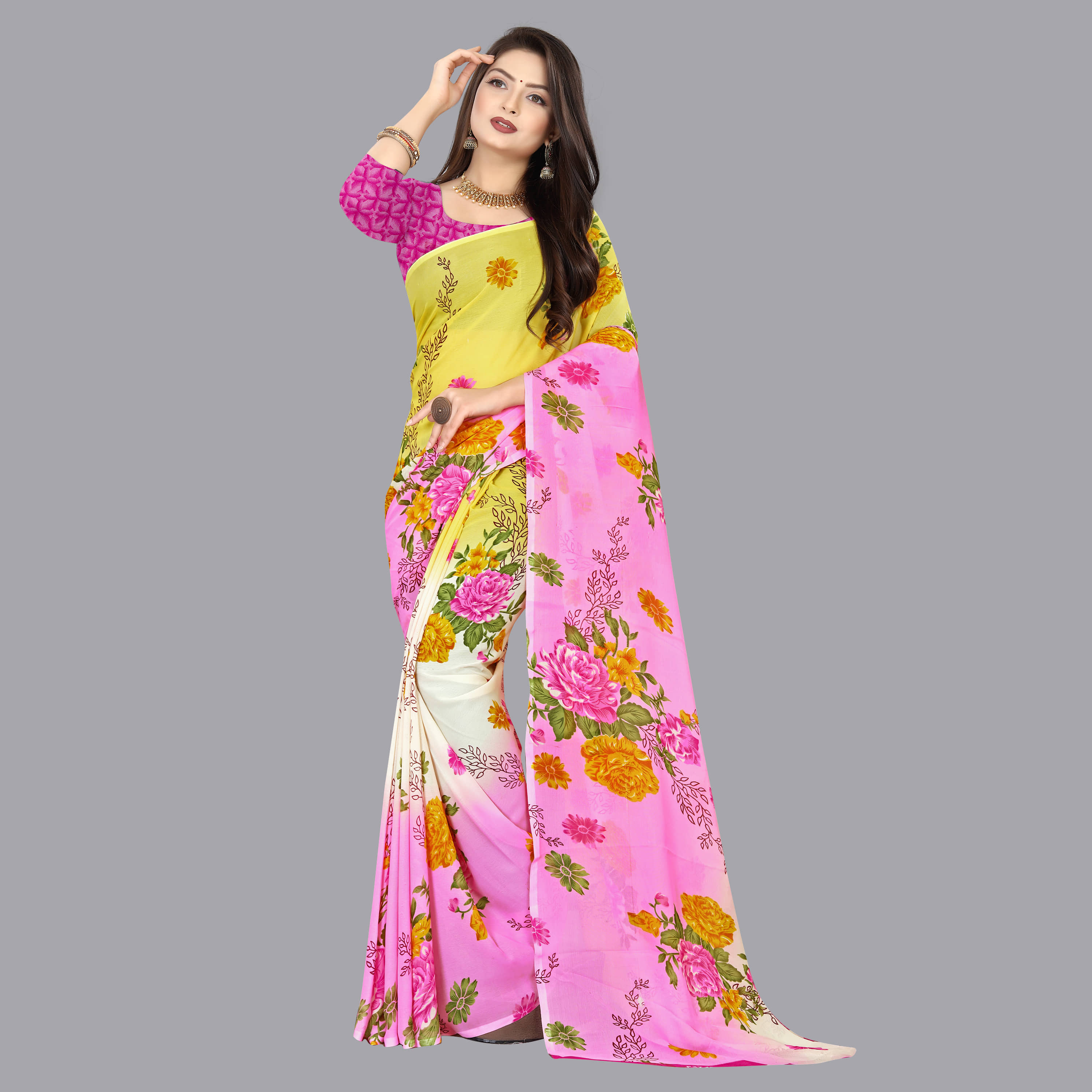 ANAND SAREES Georgette Printed Saree With Unstitched Blouse Piece ( Pink ) - Sarees | Buy online on ZillyBuy
