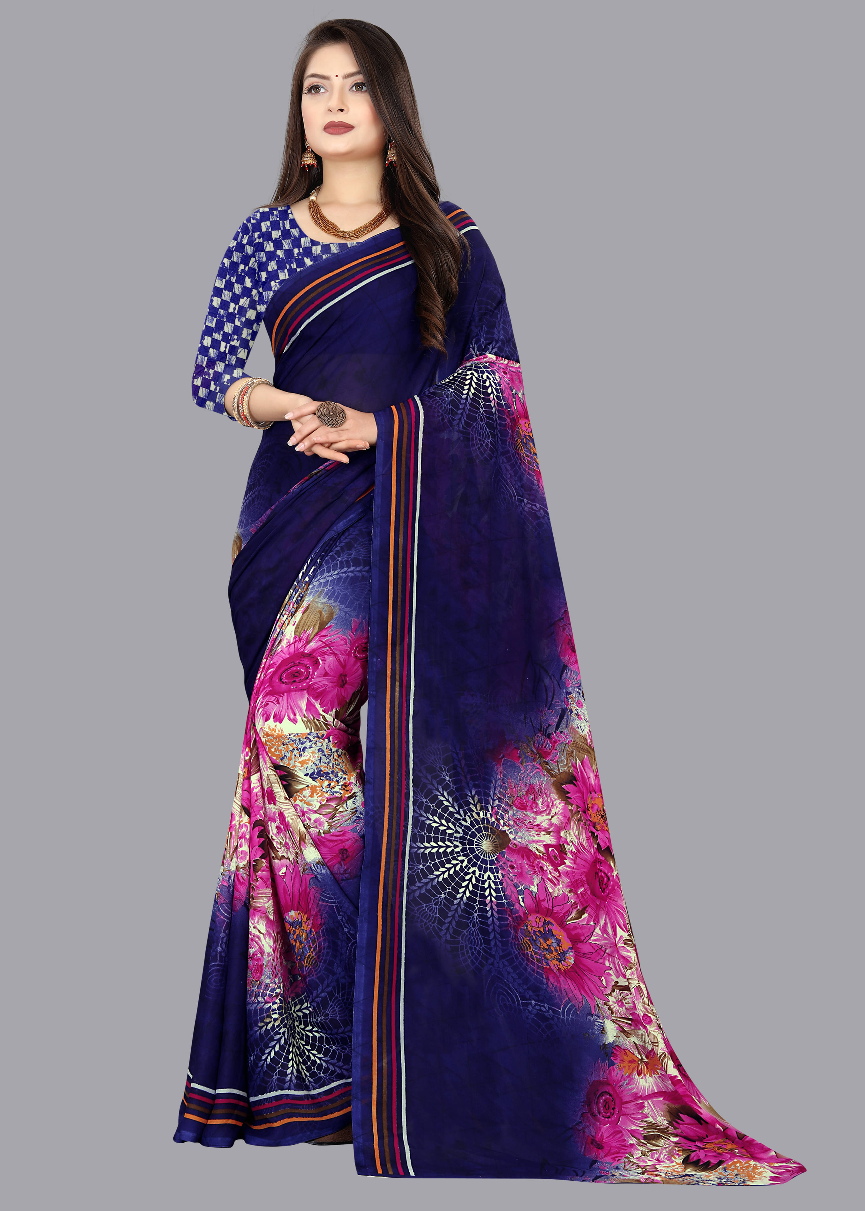 ANAND SAREES Georgette Printed Saree With Unstitched Blouse Piece ( Pink ) ANAND SAREES Georgette Printed Saree With Unstitched Blouse Piece ( Pink )