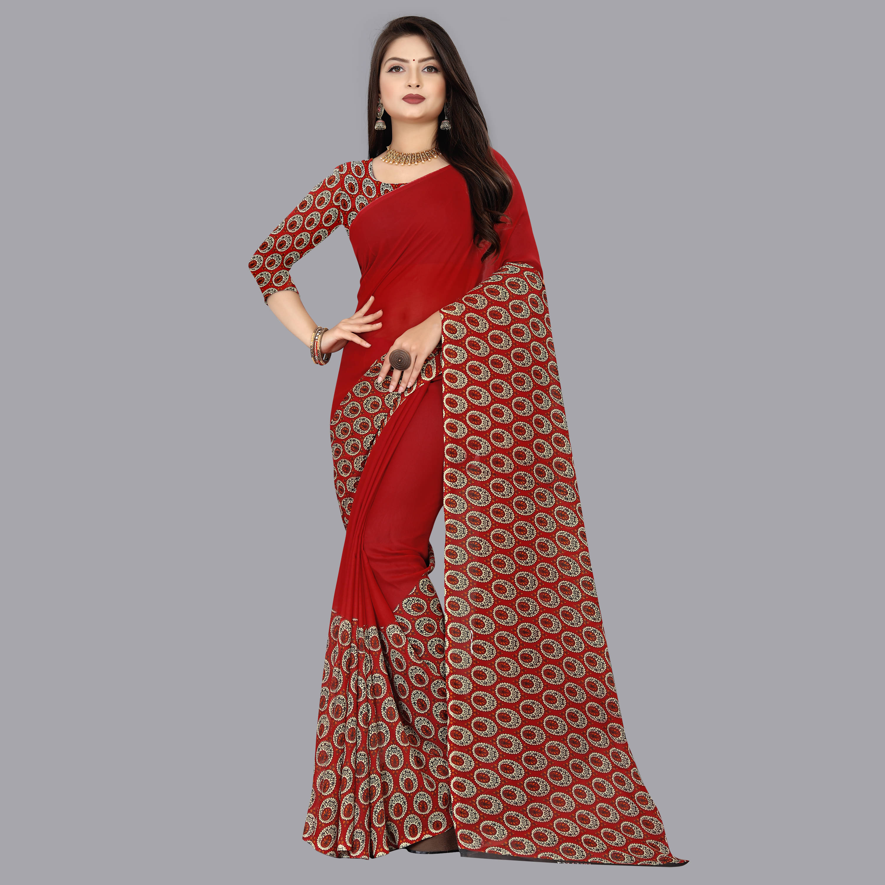 ANAND SAREES Georgette Printed Saree With Unstitched Blouse Piece ( Red ) ANAND SAREES Georgette Printed Saree With Unstitched Blouse Piece ( Red )