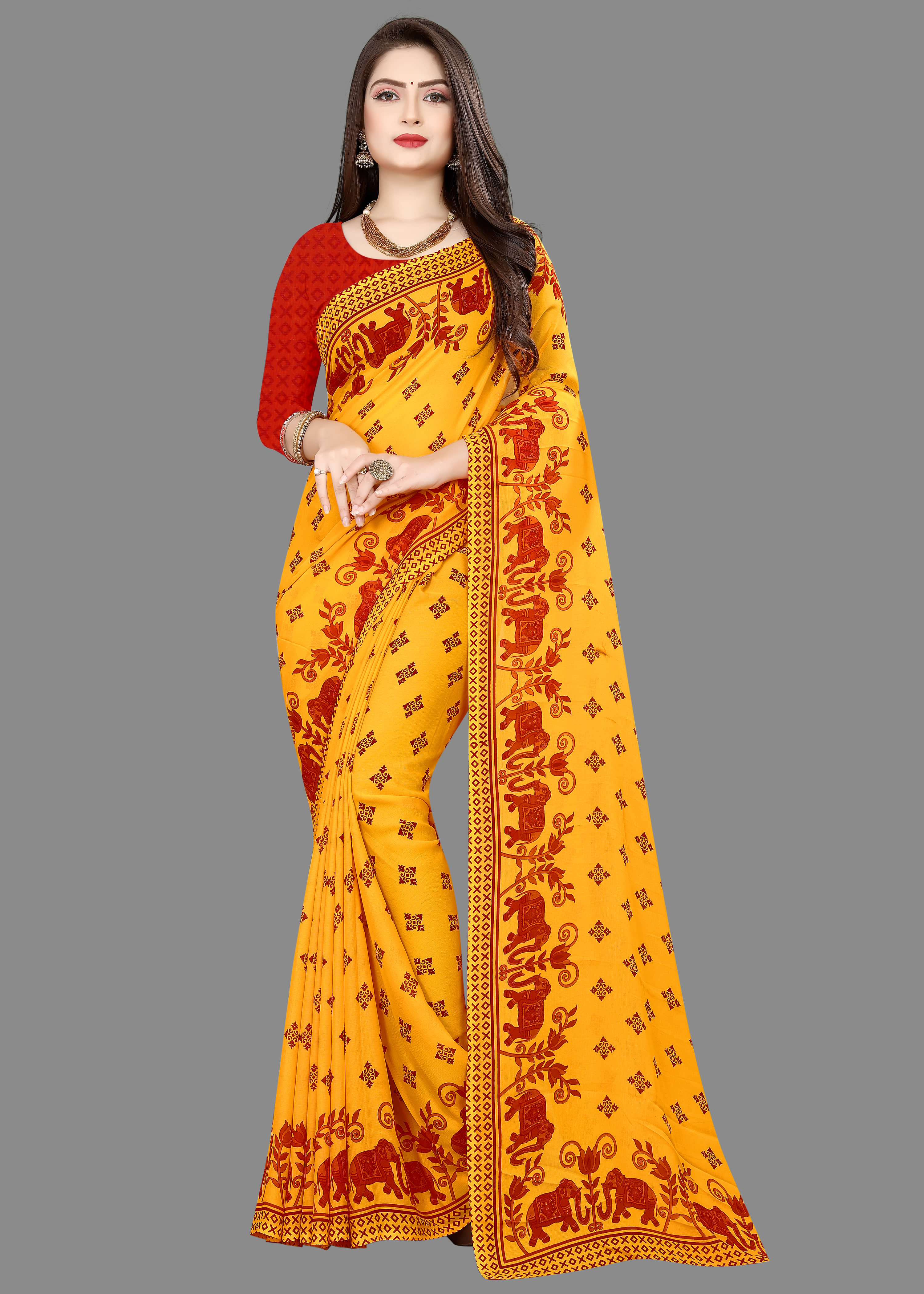 ANAND SAREES Georgette Printed Saree With Unstitched Blouse Piece ( Red ) - Sarees | Buy online on ZillyBuy
