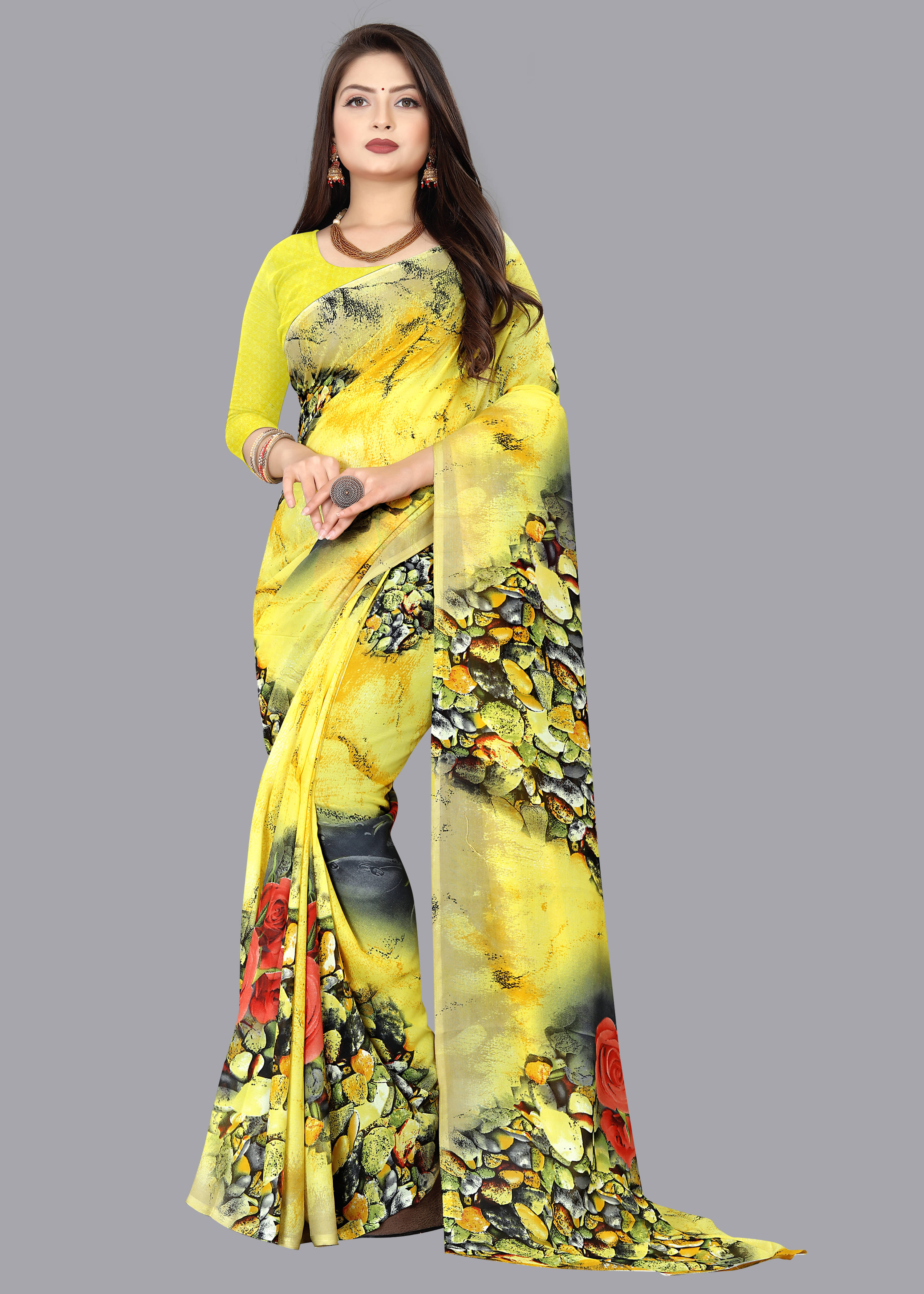 ANAND SAREES Georgette Printed Saree With Unstitched Blouse Piece ( Yellow ) ANAND SAREES Georgette Printed Saree With Unstitched Blouse Piece ( Yellow )