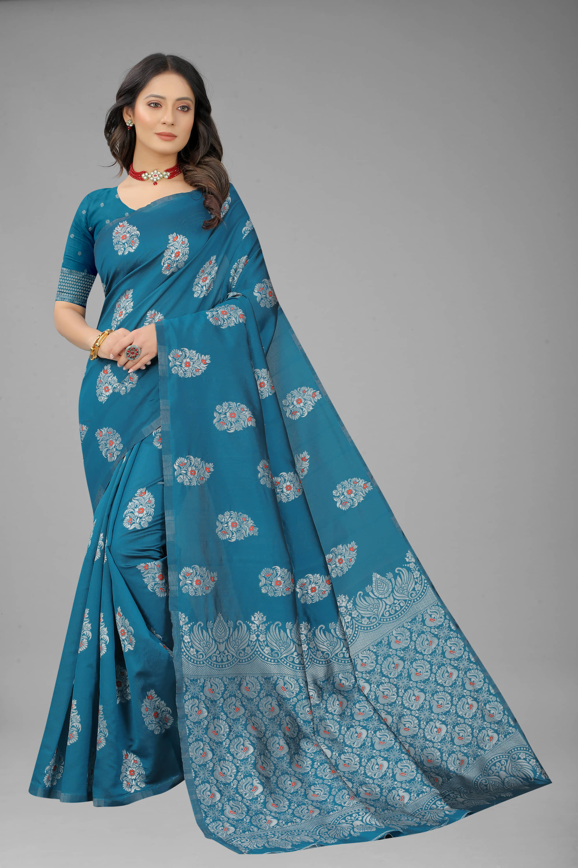 NENCY FASHION Banarasi Silk Embellished Saree With Unstitched Blouse Piece ( Rani ) - Sarees | Buy online on ZillyBuy