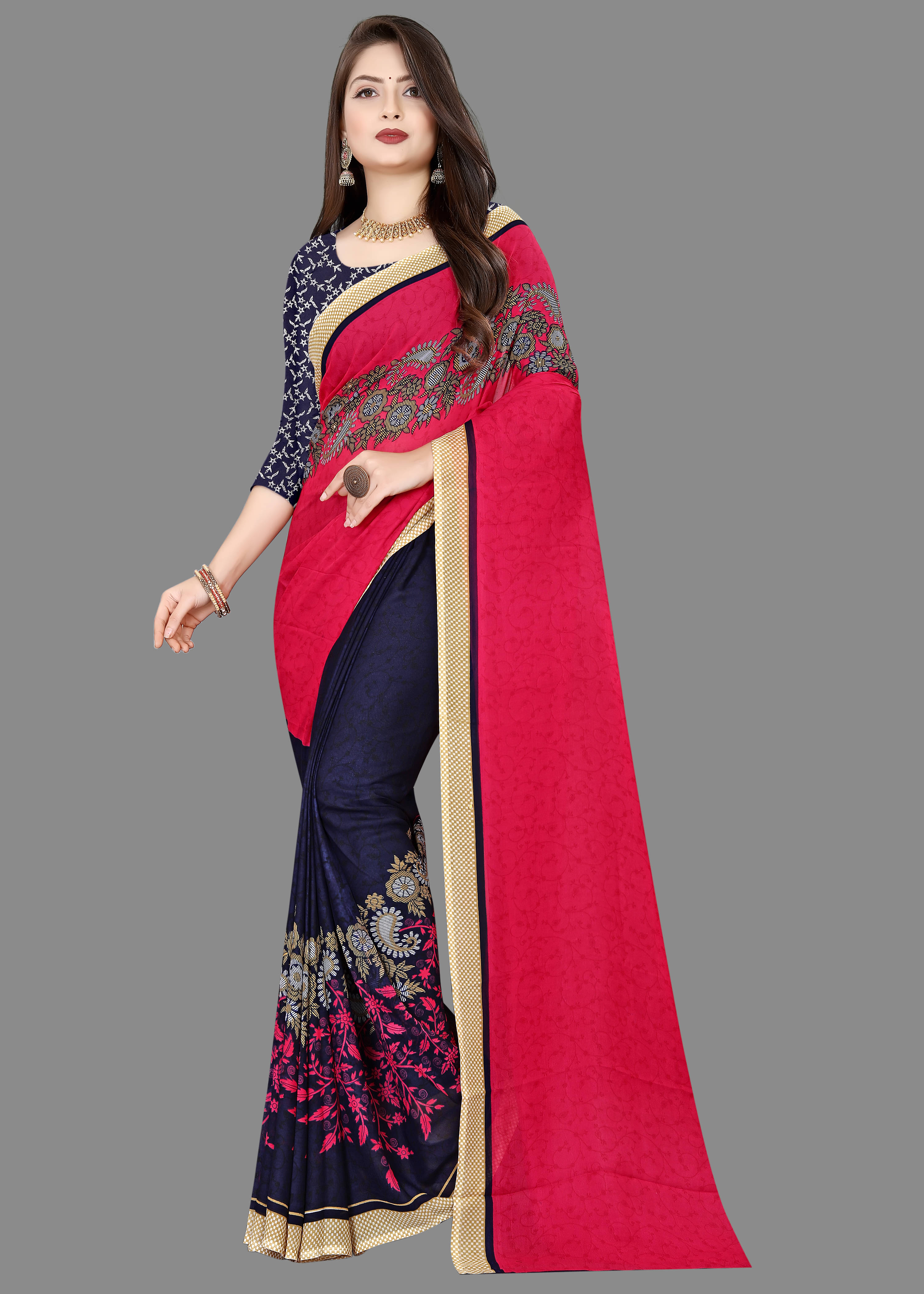 ANAND SAREES Georgette Printed Saree With Unstitched Blouse Piece ( Pink ) ANAND SAREES Georgette Printed Saree With Unstitched Blouse Piece ( Pink )