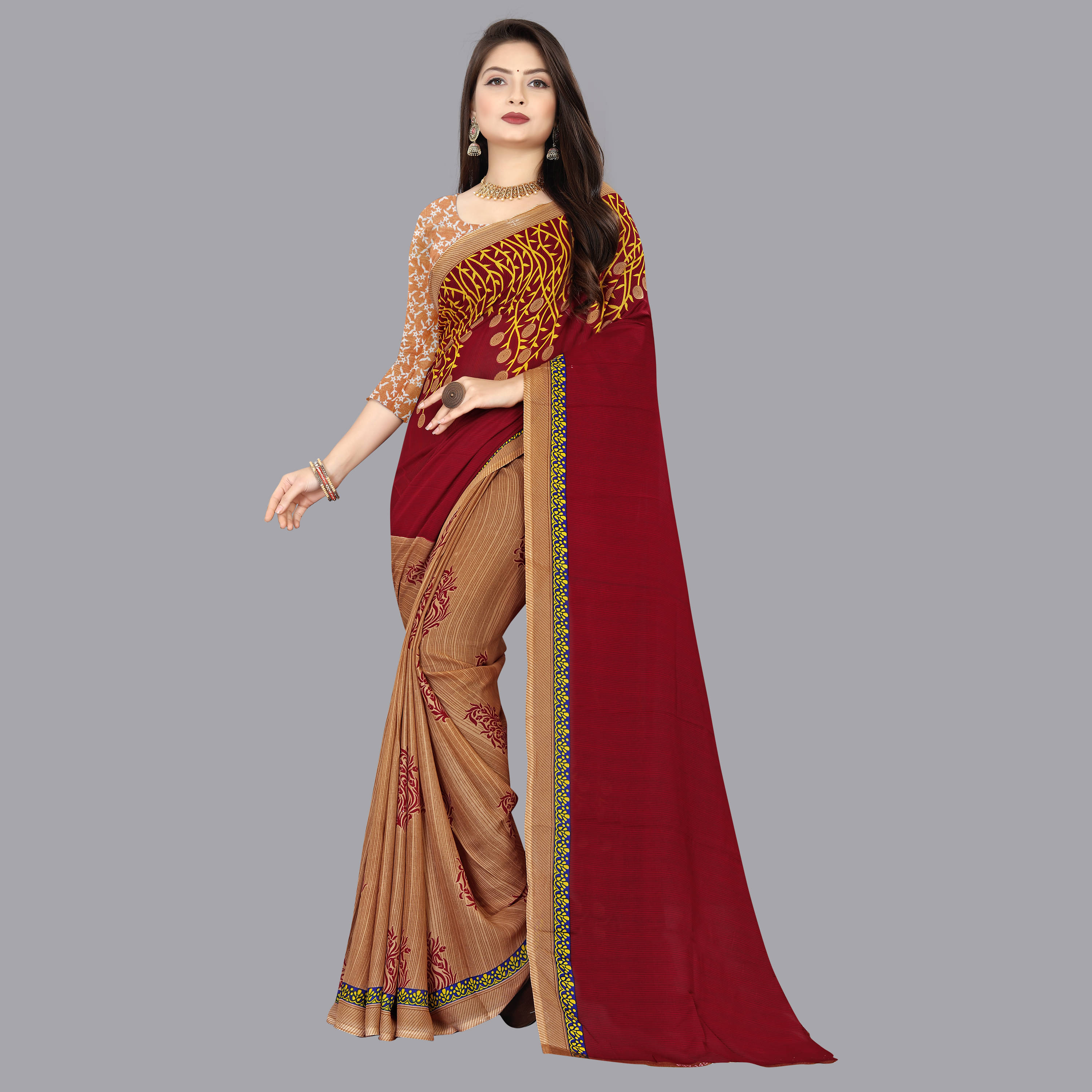 ANAND SAREES Georgette Printed Saree With Unstitched Blouse Piece ( Brown ) ANAND SAREES Georgette Printed Saree With Unstitched Blouse Piece ( Brown )