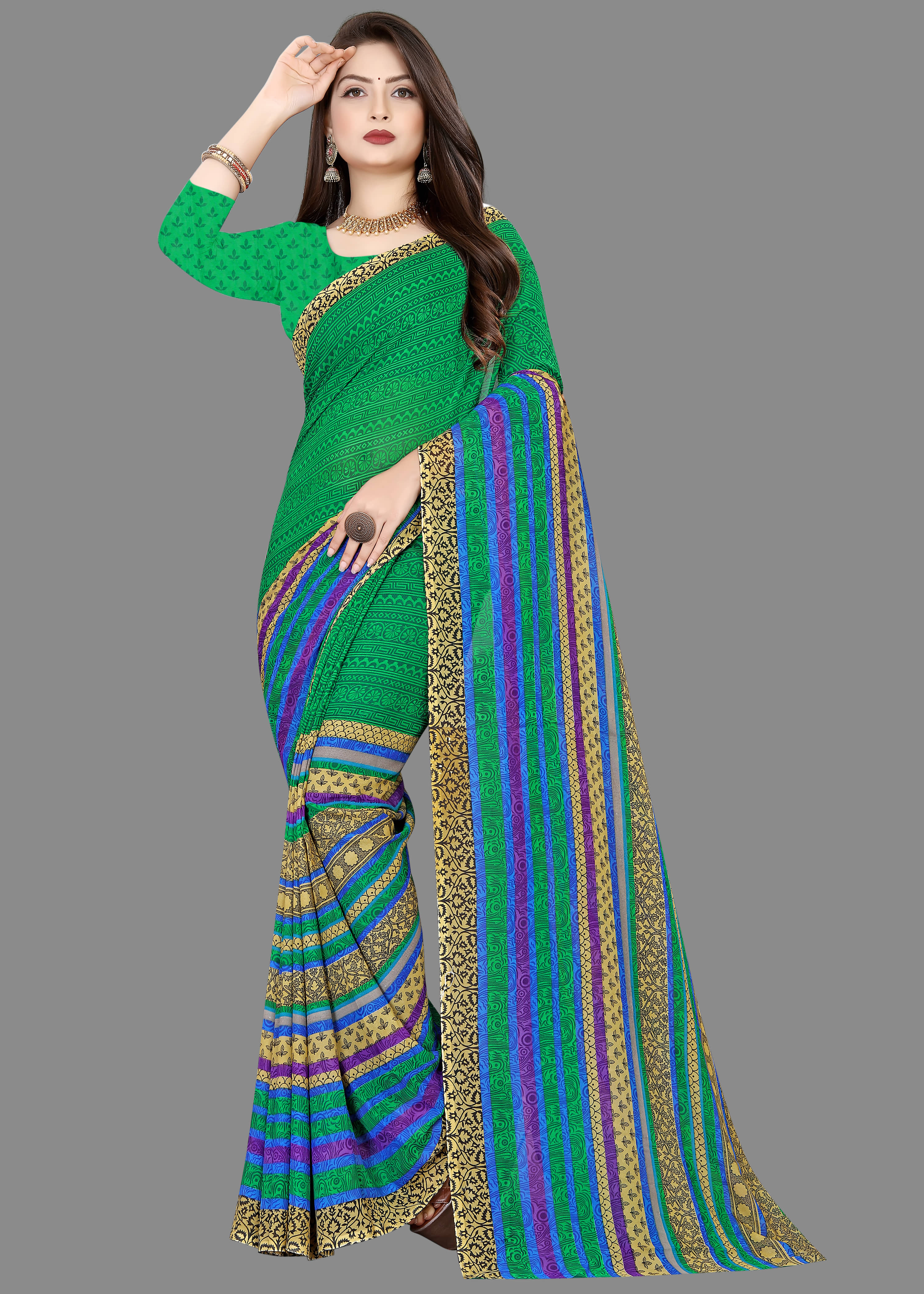 ANAND SAREES Georgette Printed Saree With Unstitched Blouse Piece ( Green ) - Sarees | Buy online on ZillyBuy