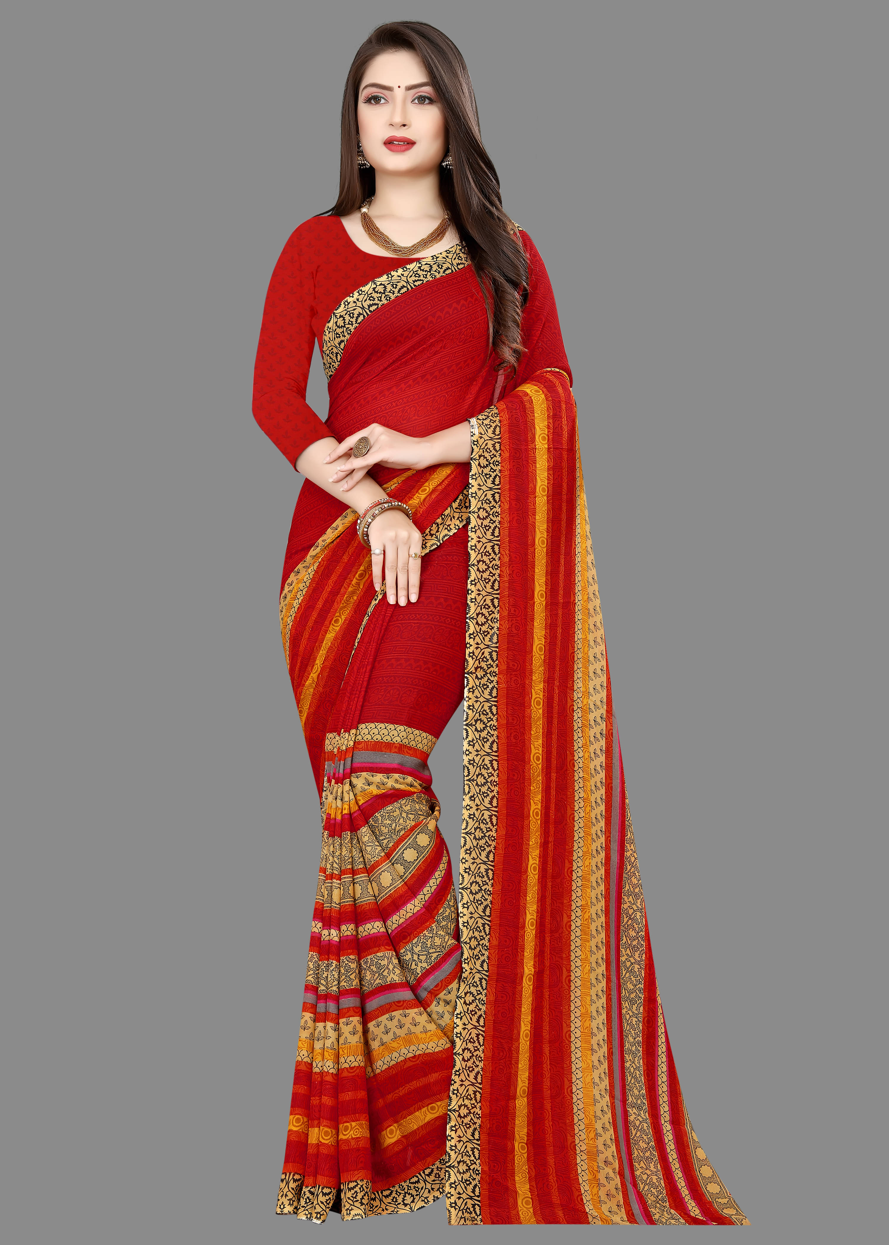 ANAND SAREES Georgette Printed Saree With Unstitched Blouse Piece ( Red ) ANAND SAREES Georgette Printed Saree With Unstitched Blouse Piece ( Red )