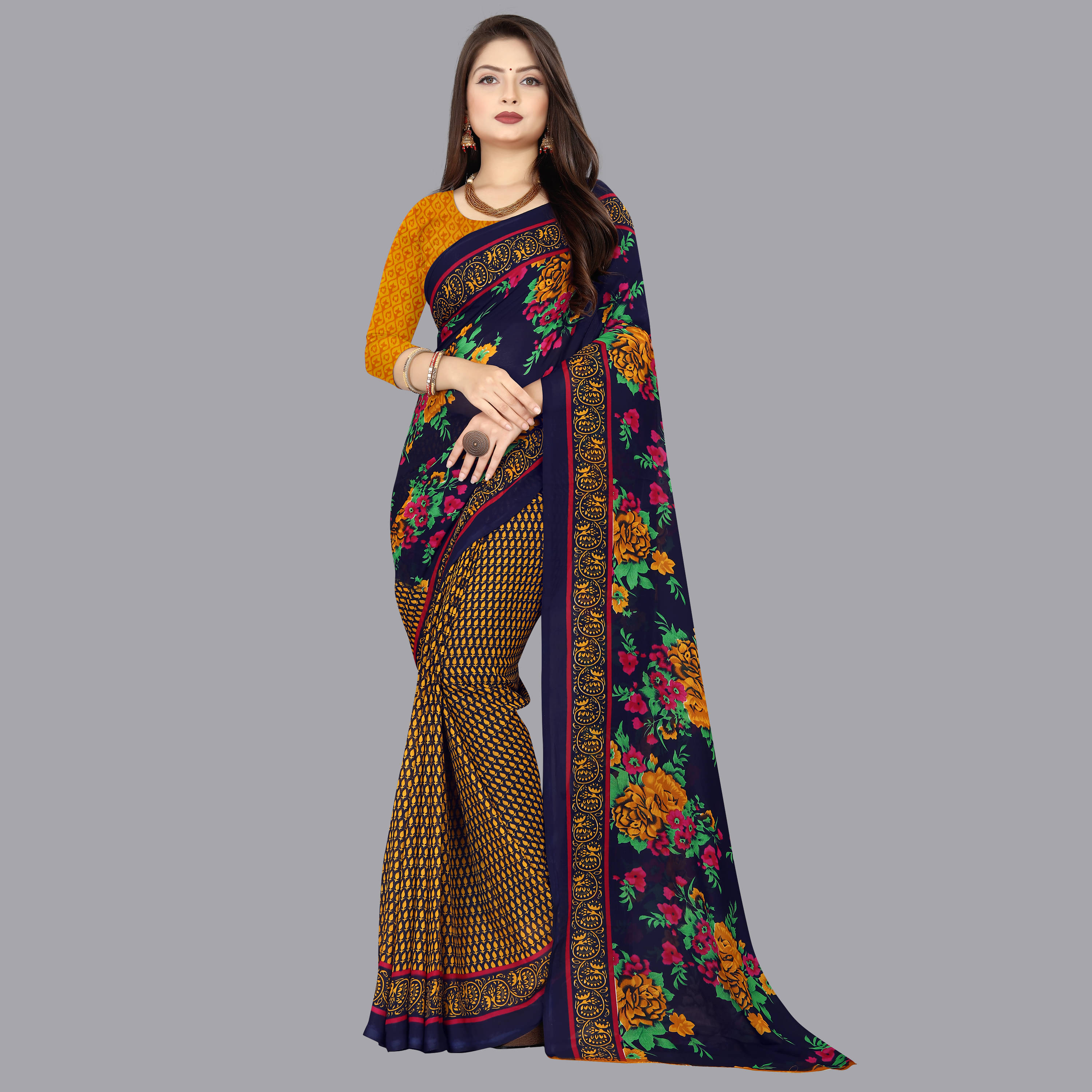    			ANAND SAREES Georgette Printed Saree With Unstitched Blouse Piece ( Yellow )
