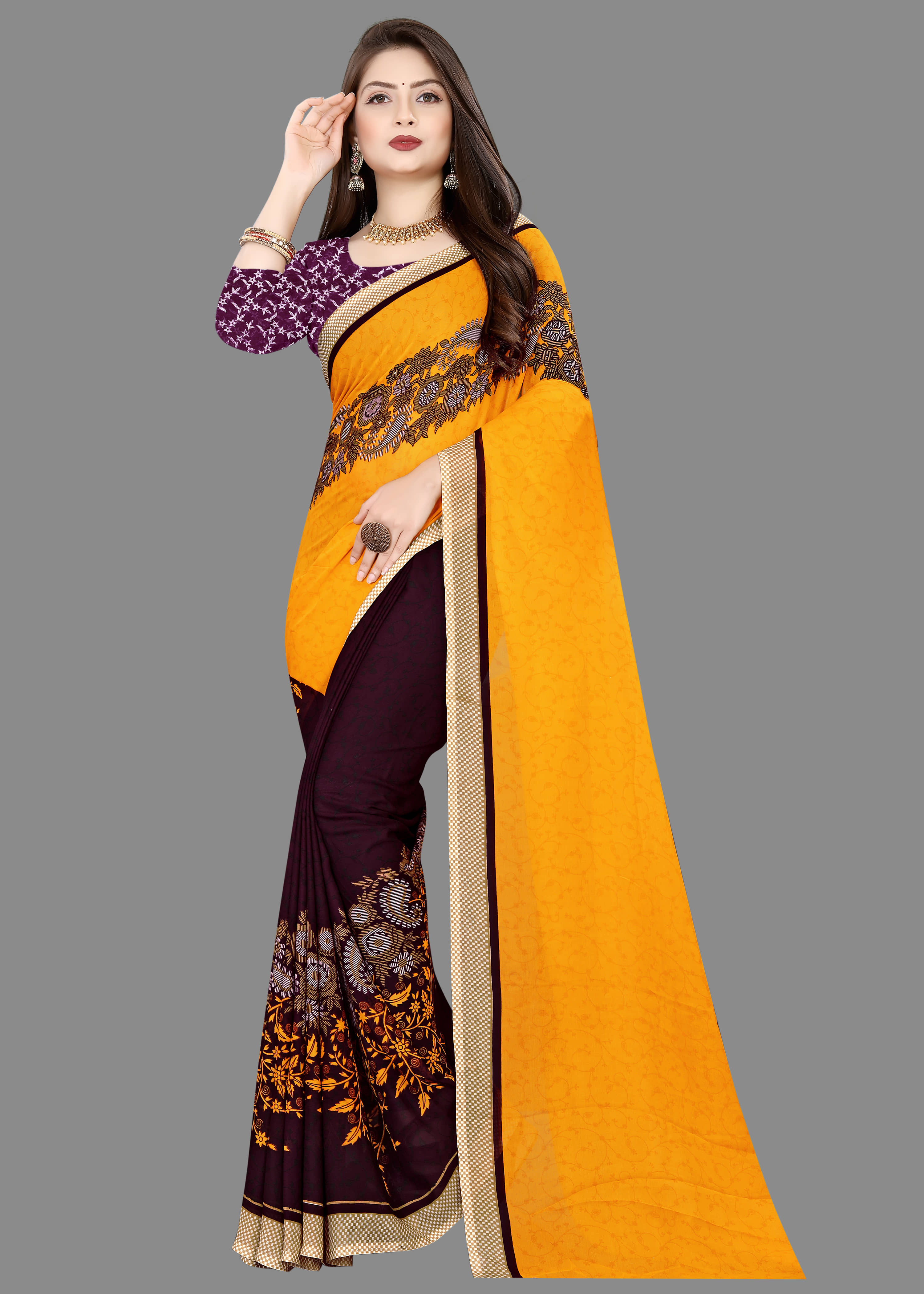 ANAND SAREES Georgette Printed Saree With Unstitched Blouse Piece ( Yellow ) - Sarees | Buy online on ZillyBuy