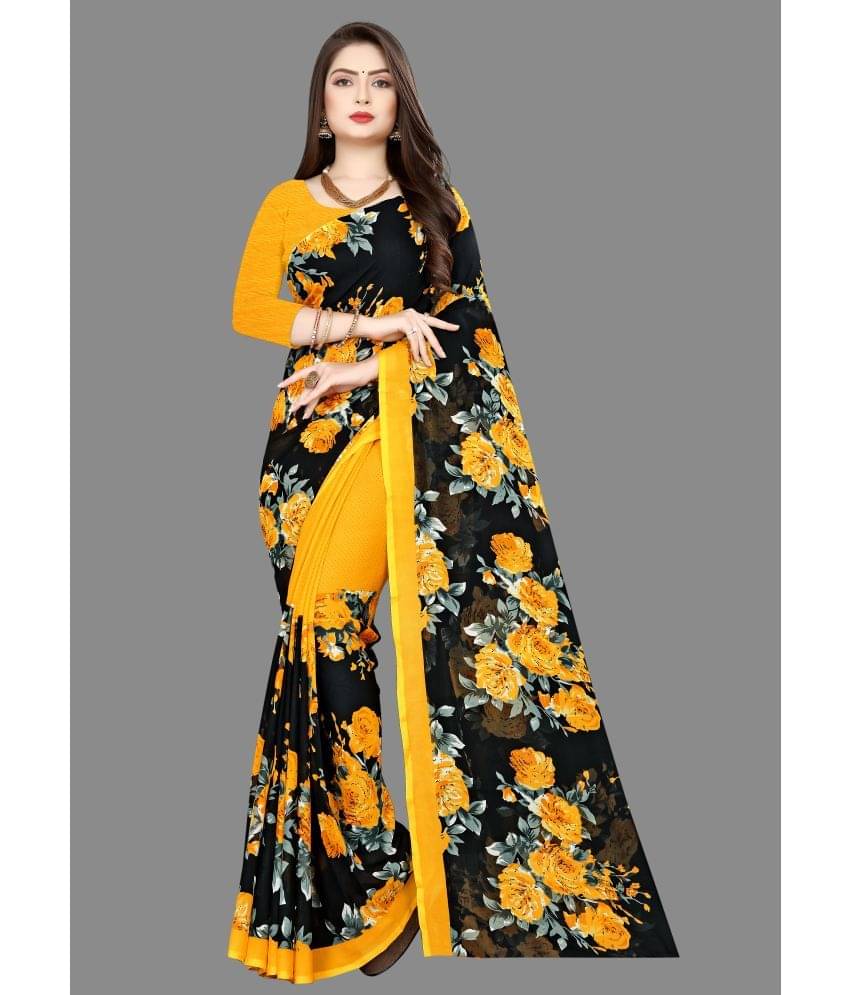 ANAND SAREES Georgette Printed Saree With Unstitched Blouse Piece ( Yellow ) ANAND SAREES Georgette Printed Saree With Unstitched Blouse Piece ( Yellow )
