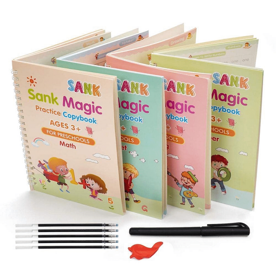     			Magic Practice Copy Book for Pre-School Kids, Re-Usable Drawing, Alphabet, Numbers and Math Exercise Notebook, English Magic Book for Children (4 x Books,5 x Refill,1 x Pen,1 x Grip)