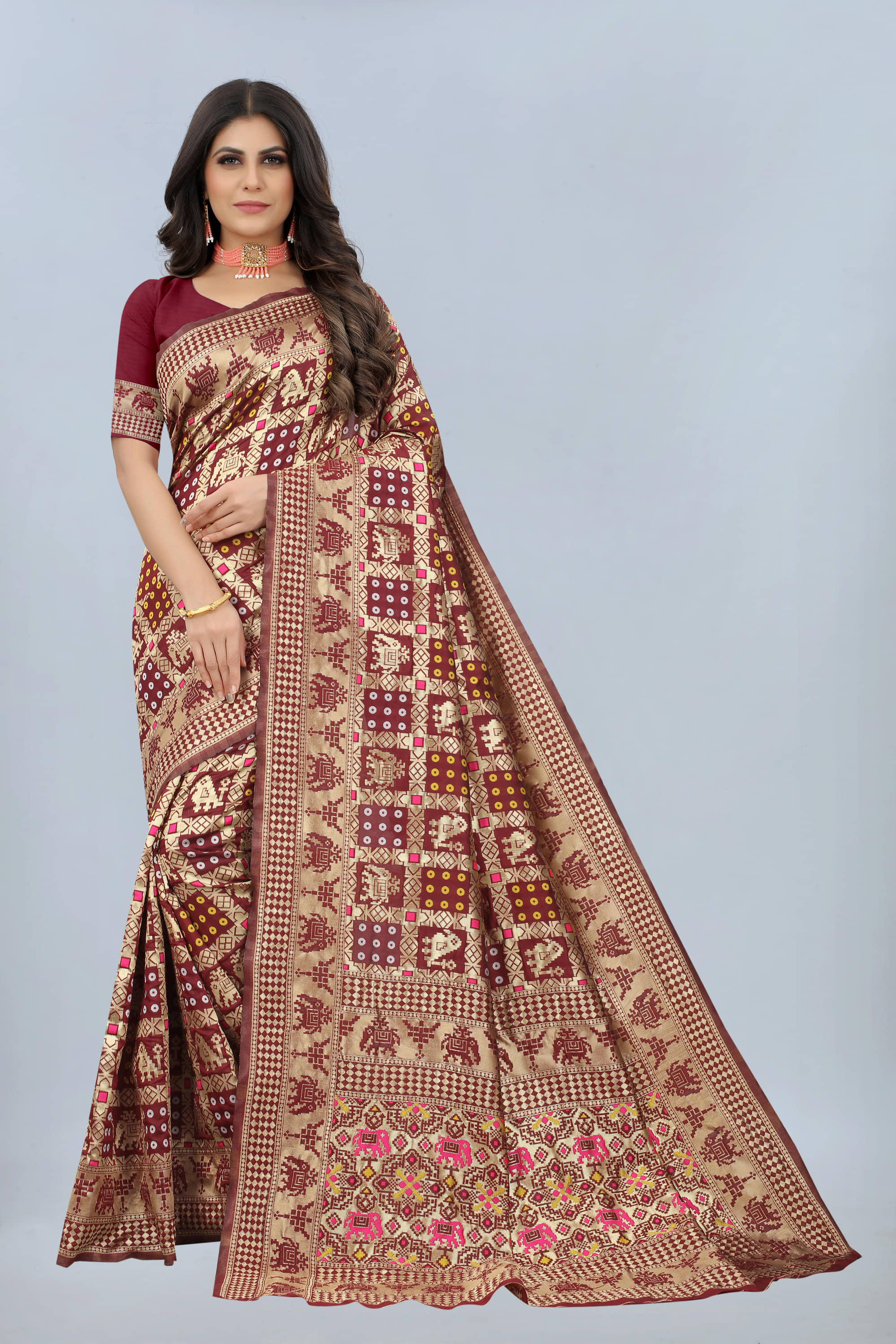 NENCY FASHION Banarasi Silk Embellished Saree With Unstitched Blouse Piece ( Red ) - Sarees | Buy online on ZillyBuy