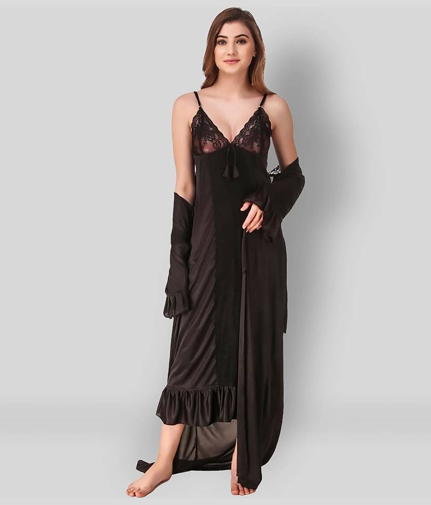 Reposey - Black Satin Women's Nightwear Nighty & Night Gowns ( Pack of 2 )