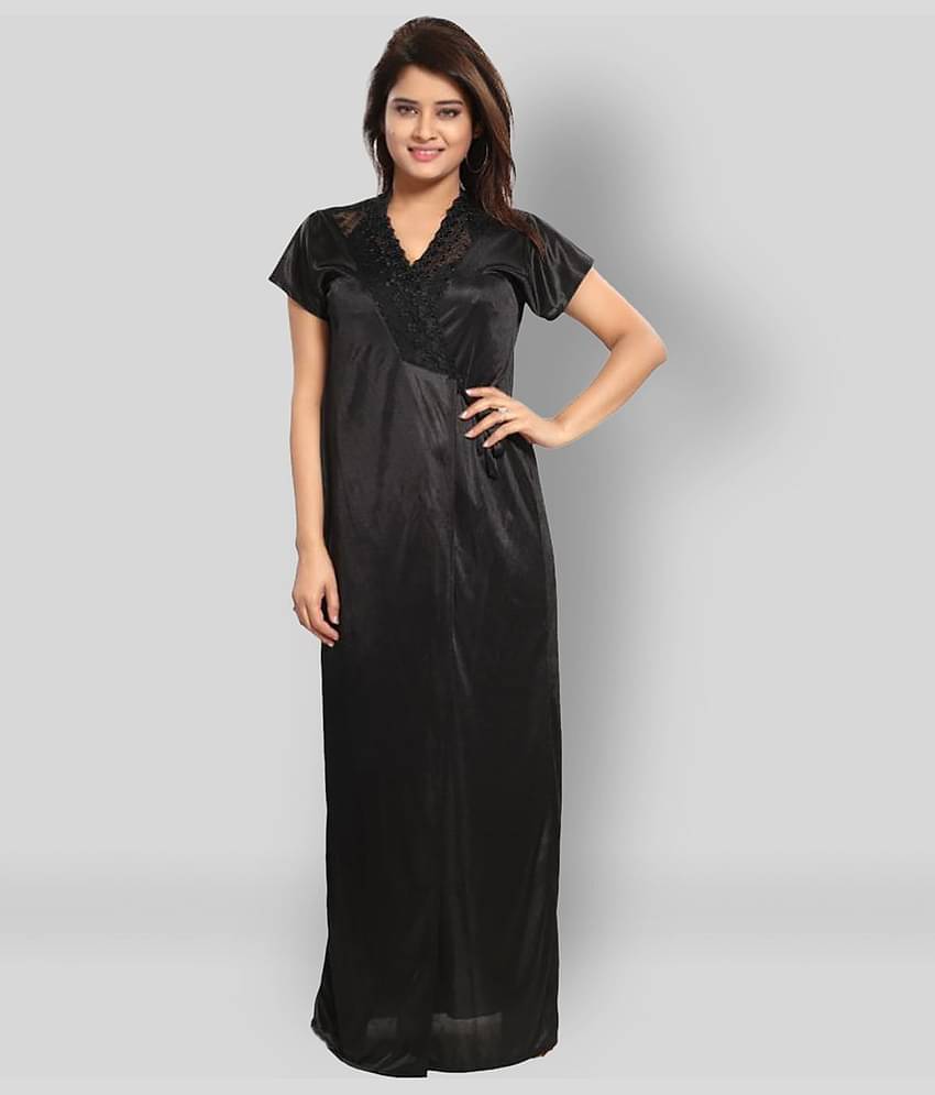 Reposey - Black Satin Women's Nightwear Night Dress ( Pack of 2 )