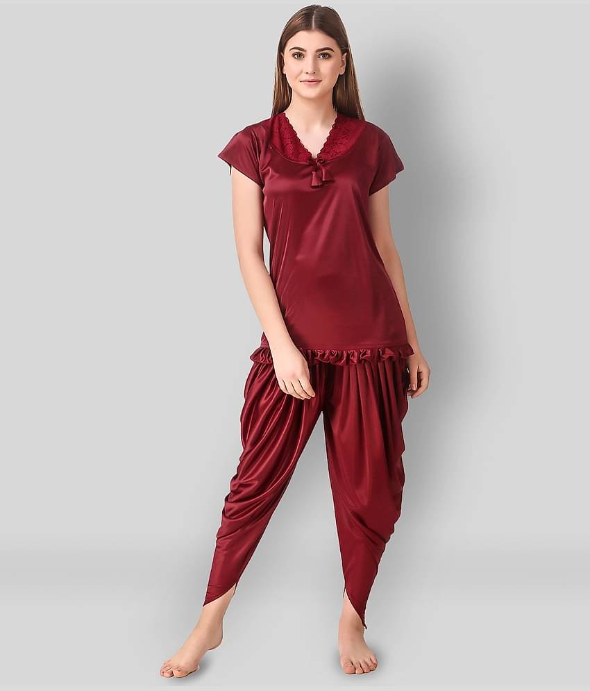 Reposey - Maroon Satin Women's Nightwear Nightsuit Sets ( Pack of 2 )